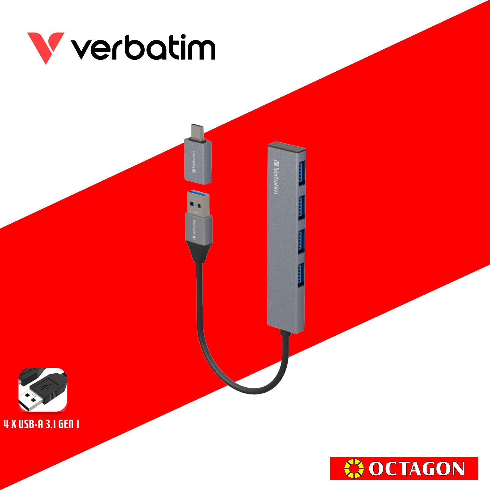 VERBATIM 66627 4-IN-1 USB3.1 HUB WITH TYPE C CONVERTER (4 PORTS*USB3.1) (GREY)