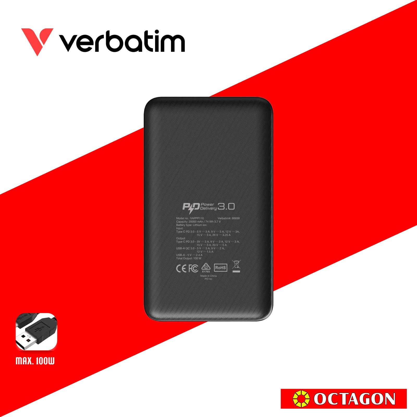 VERBATIM 66699 POWER BANK PD3.0 (100W) W/ DISPLAY 20000MAH (PD100 + QC3.0 18W / USB-A 12W / CHARGE LAPTOP) BLACK