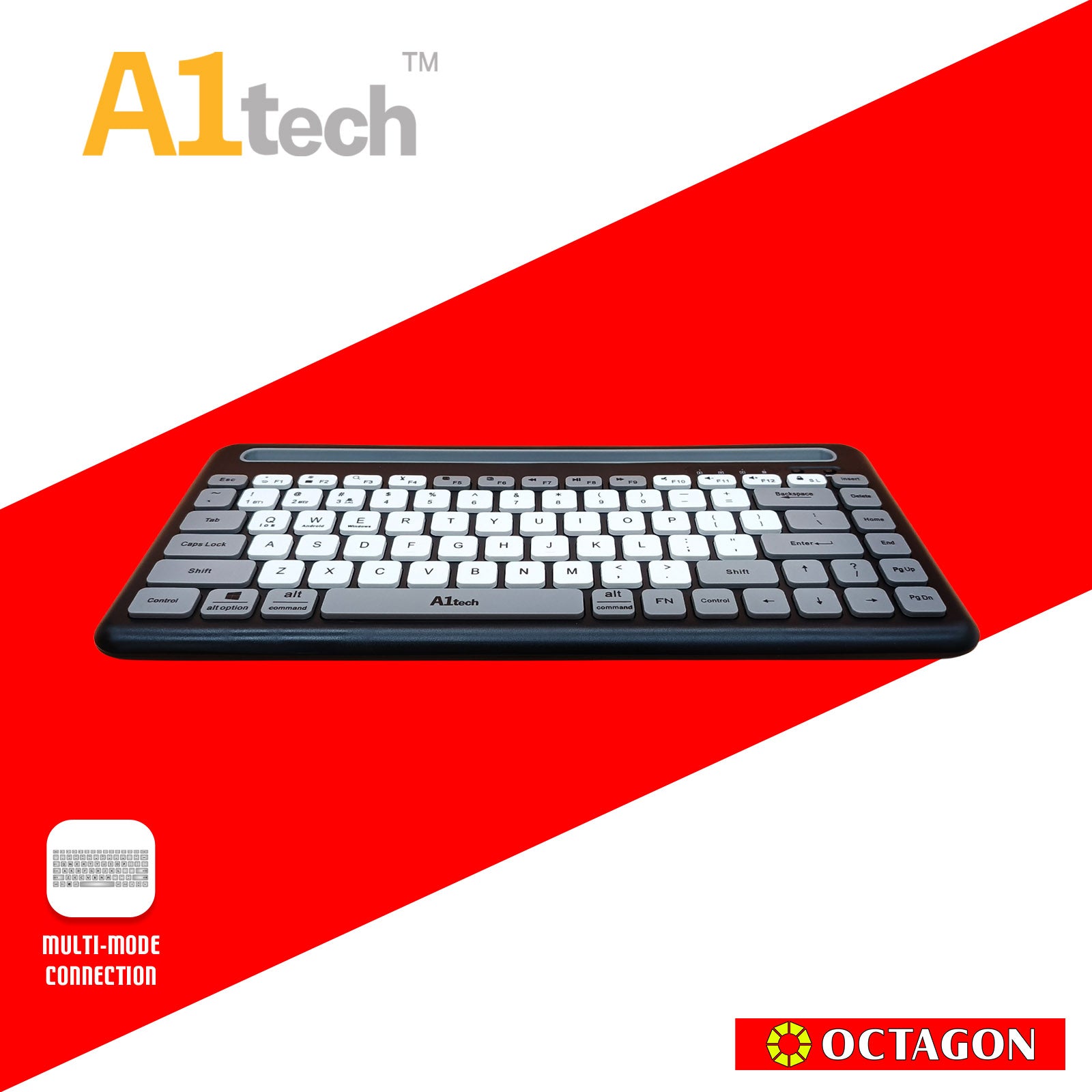 A1TECH AC-KB006-BK DUAL-MODE WIRELESS KEYBOARD 2.4G+BT / 84 KEYS / TABLET HOLDER (BLACK/WHITE)
