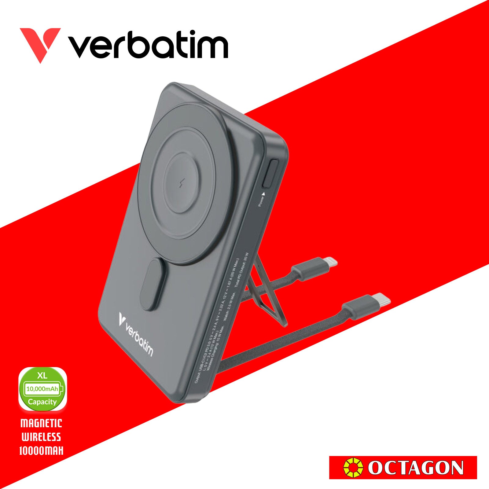 VERBATIM CHARGE N GO 10000MAH 5IN1 MAGNETIC WIRELESS W/ STAND PD 20W MWC 15W TYPE C AND NON-MFI VERSION CABLE (32221  GREY)(32233 TITANIUM)(32222 PURPLE)