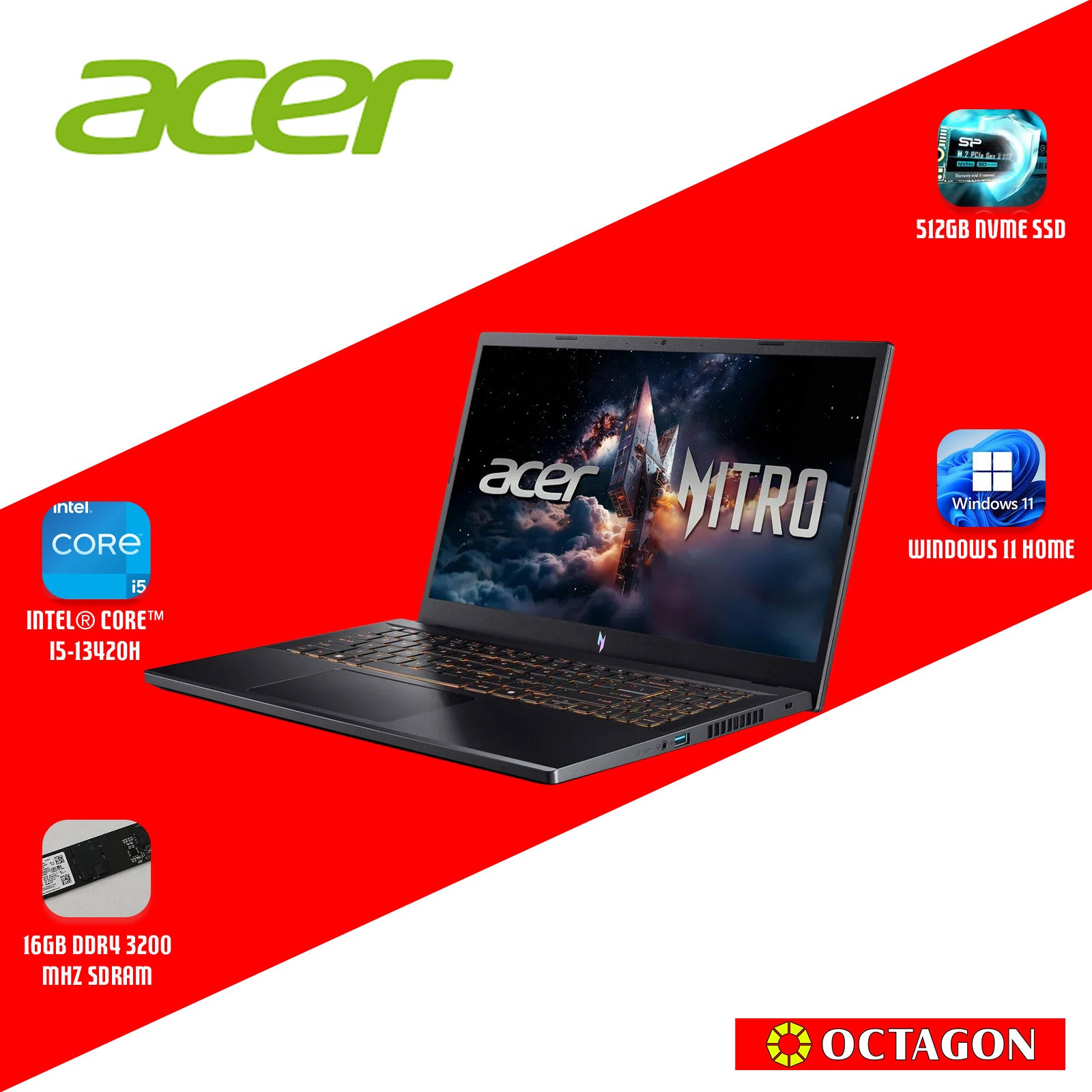 ACER NITRO V ANV15-52-572T/ CORE I5-13420H/ 16GB DDR4/ 512GB SSD/ 15.6 FHD IPS 165HZ/ WIN 11/ RTX5050 8GB
