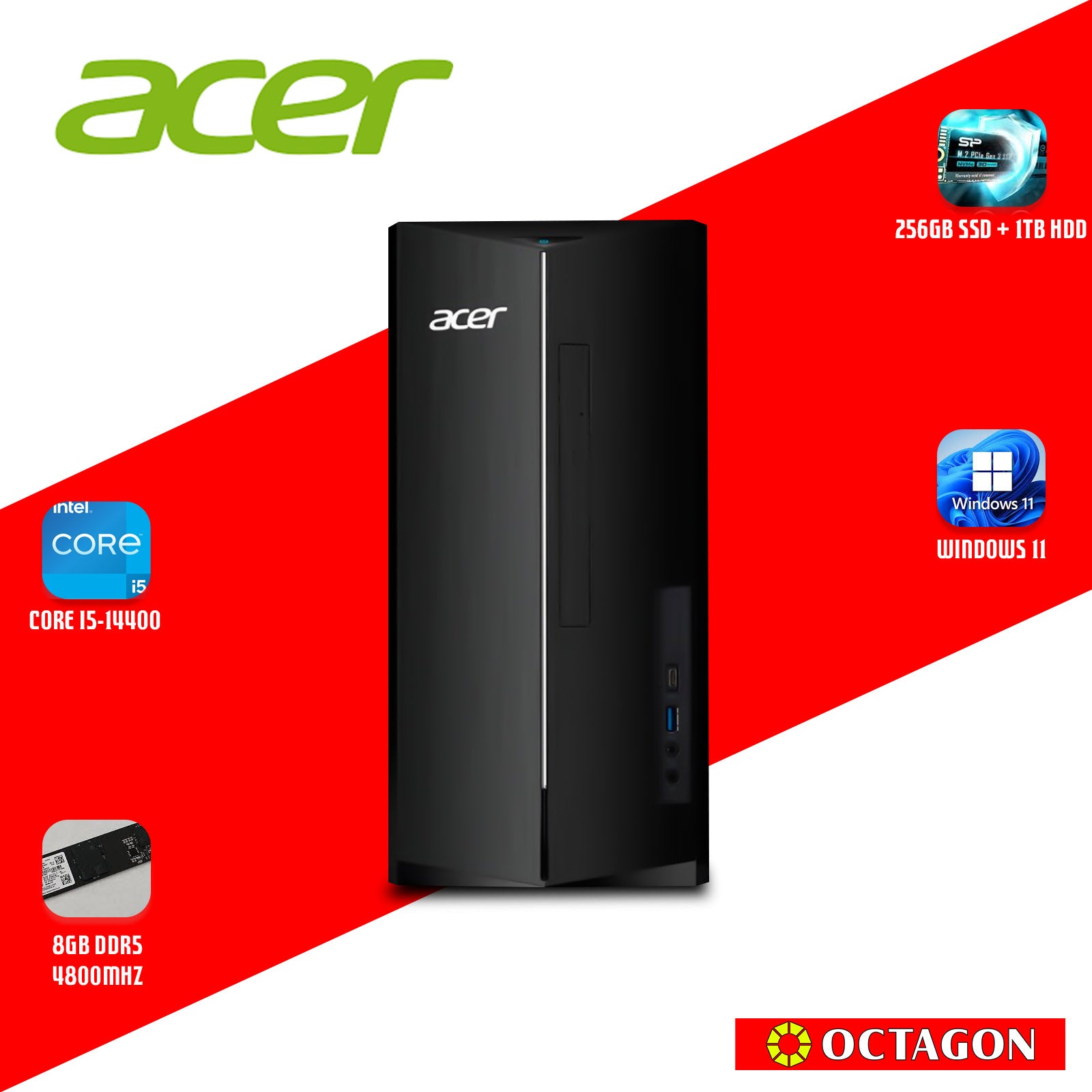 ACER ASPIRE TC1785-I5/ CORE I5-14400 (2.5GHZ)/ 8GB DDR5 4800MHZ/ 1TB+256GB SSD/ WIN 11/ 21.5 SA222Q (F02SA222QE)/ INTEL UHD 730/ OFFICE H&S 21/ WIFI/ BT/ USB KB & MOUSE/ DT. BLNSP.003