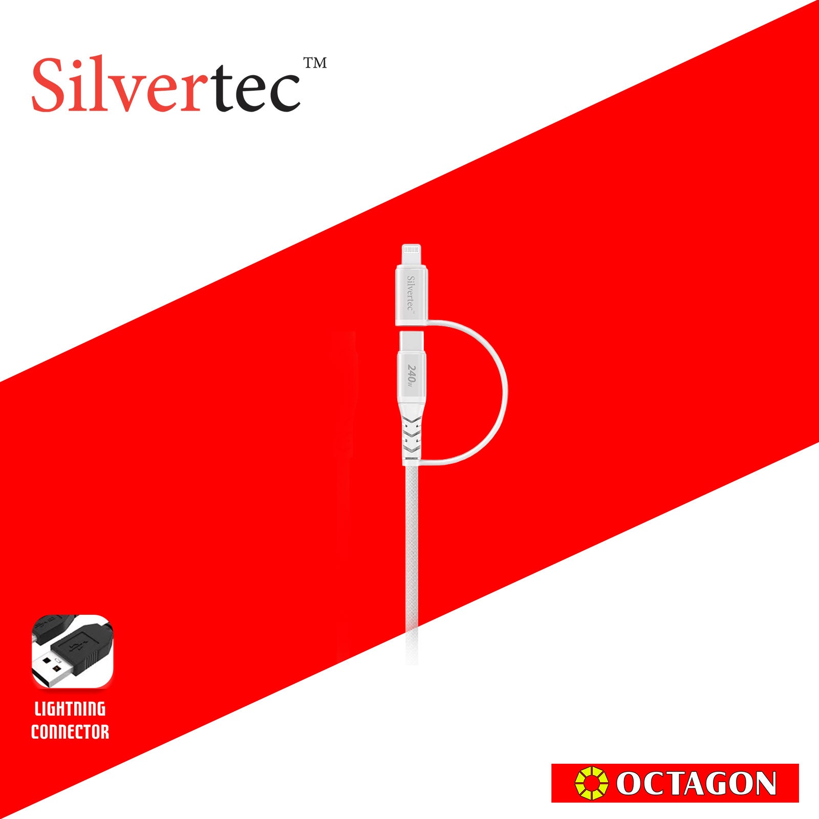 SILVERTEC STK-2CL120 2 IN 1 USB-C TO USB-C 240W WITH LIGHTNING ADAPTER CABLE 1.2M BLACK/WHITE (MFI)