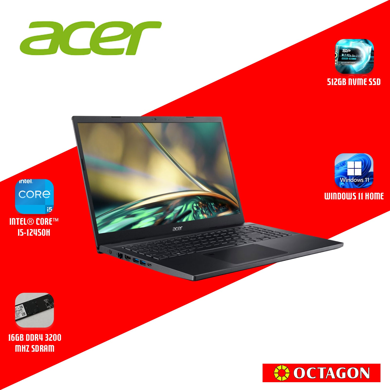 ACER ASPIRE 7 A715-59G-56W7/ CORE I5-12450H/ 16GB/ 512GB SSD/ 15.6 FHD/ WIN 11/ RTX3050 6GB/ OFFICE H&S 2024 + M365/ BLK