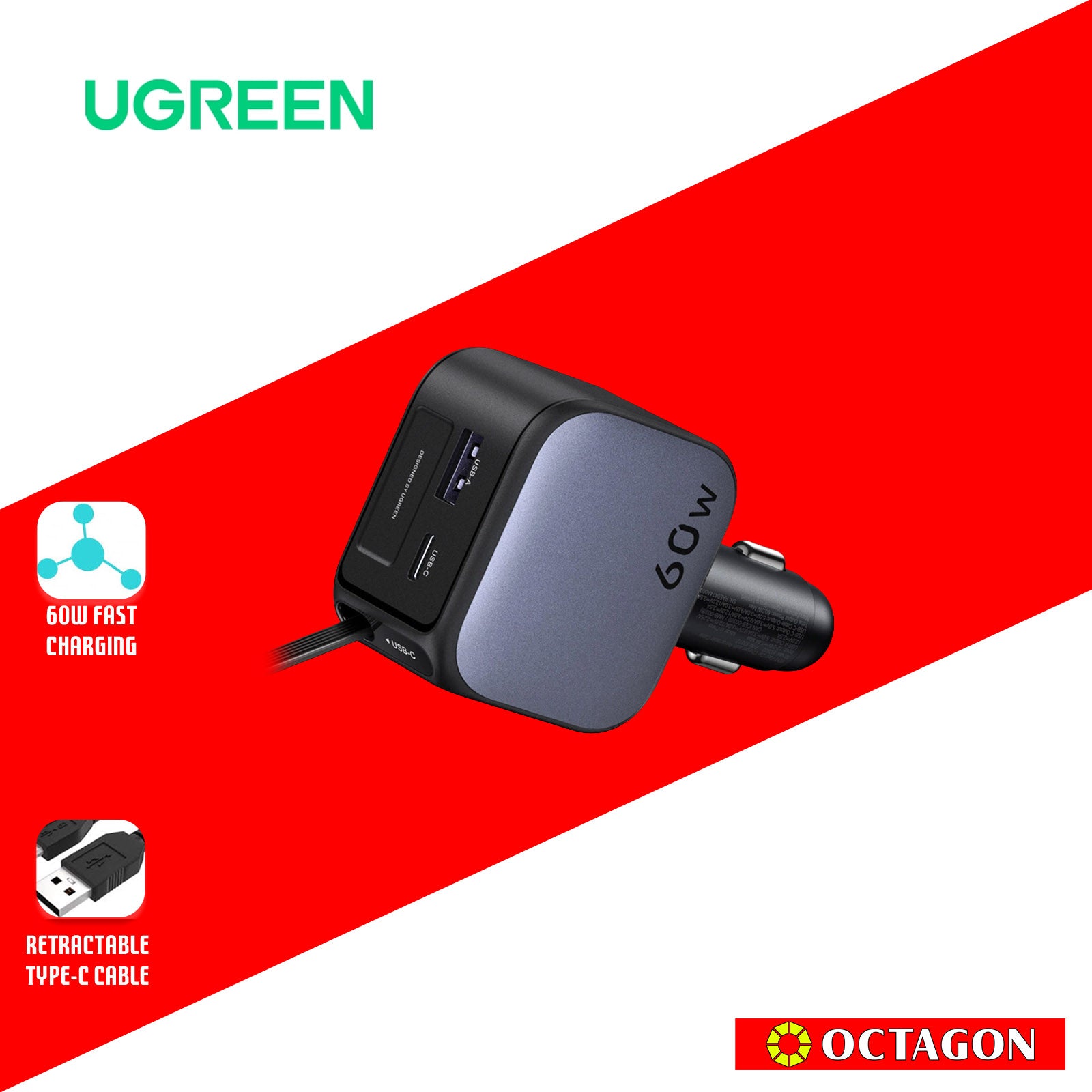 UGREEN EC602/55212B 60W FAST CHARGER WITH RETRACTABLE USB-C CABLE CAR CHARGER