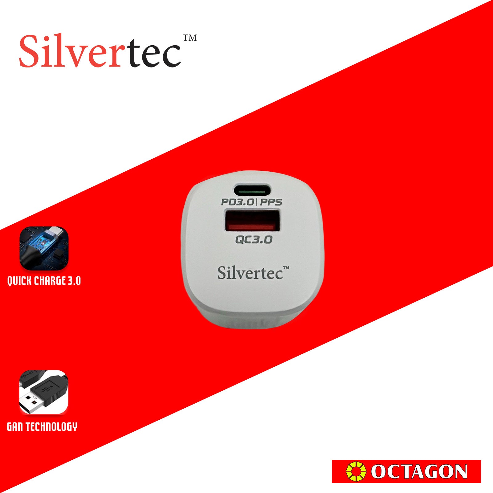SILVERTEC SH-GW35-WH 35W 2-USB-C/A QC 3.0 PD GAN WALL CHARGER WHITE US PLUG