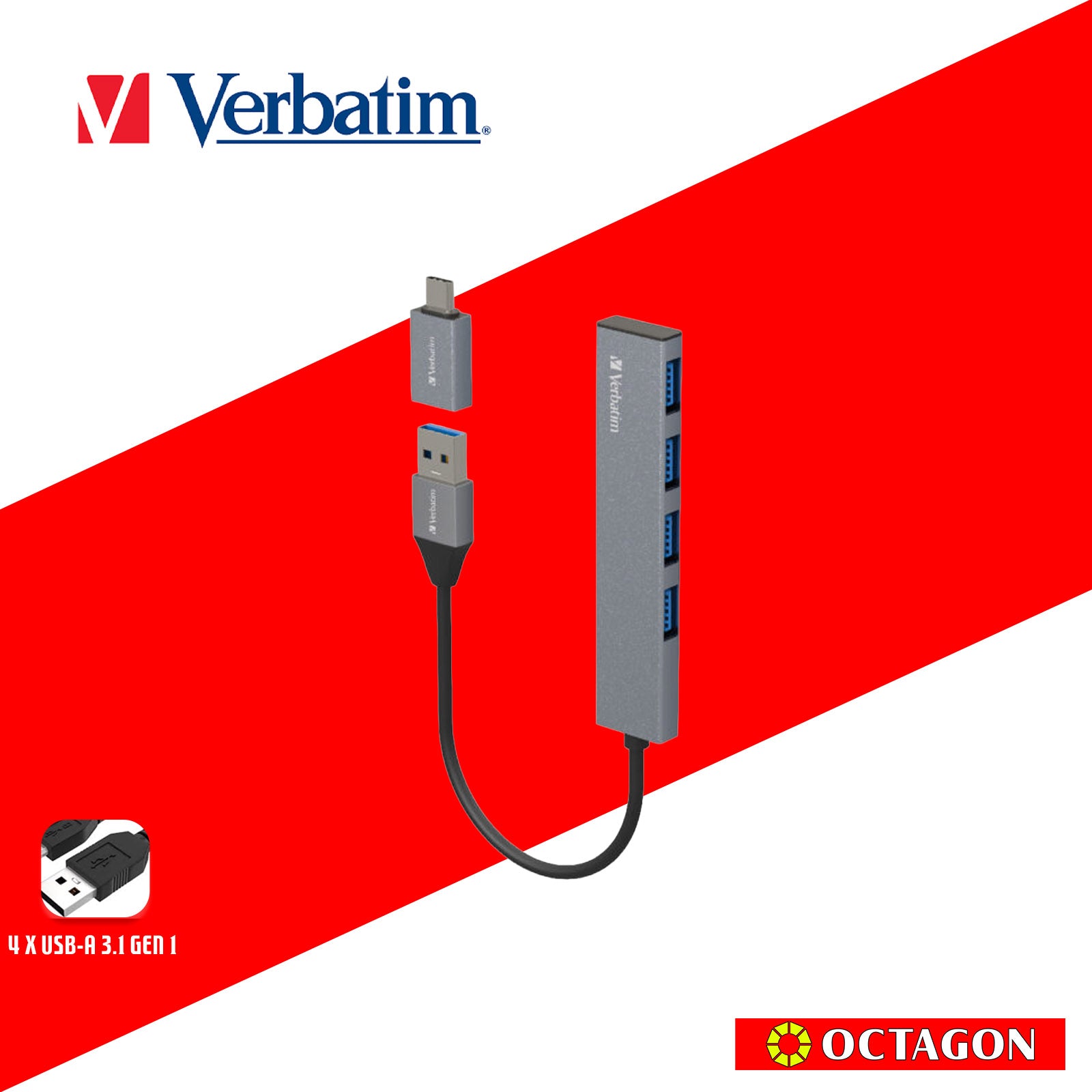 VERBATIM 66627 4-IN-1 USB3.1 HUB WITH TYPE C CONVERTER (4 PORTS*USB3.1) (GREY)