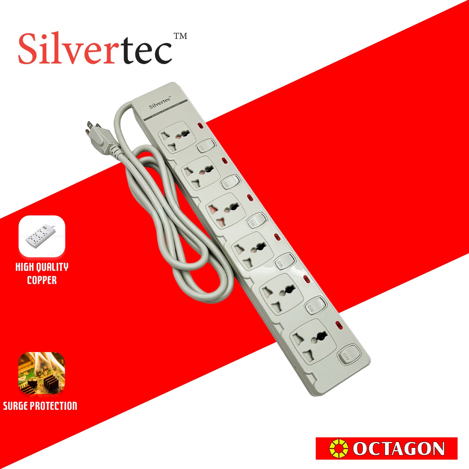 SILVERTEC NEW SV30-1.8M 6-OUTLET UNIVERSAL PLUG/ 6-SWITCH/ 1.8M/ 10A/ 2500W/ 250V IVORY POWER STRIP W/ SURGE PROTECTION