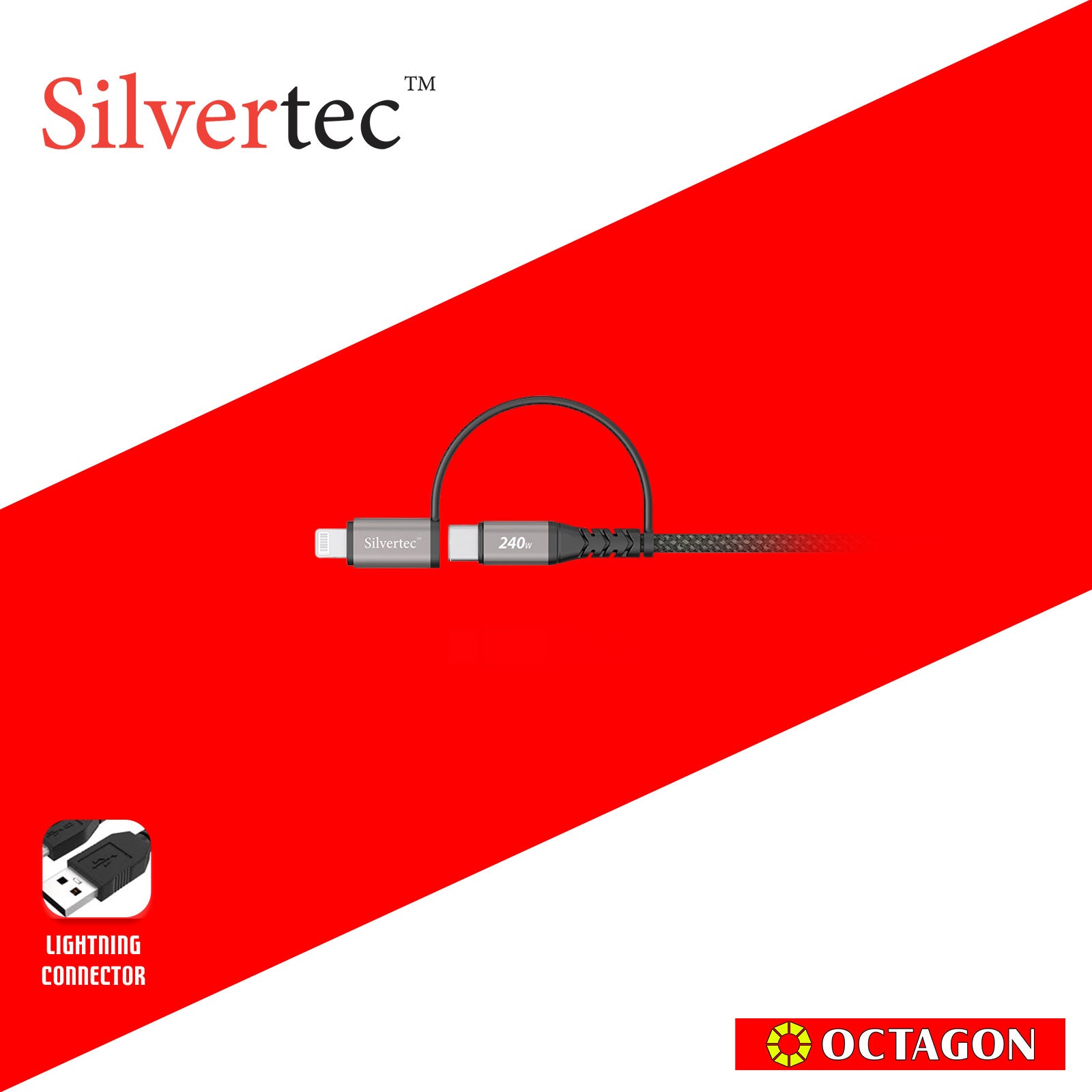 SILVERTEC STK-2CL120 2 IN 1 USB-C TO USB-C 240W WITH LIGHTNING ADAPTER CABLE 1.2M BLACK/WHITE (MFI)