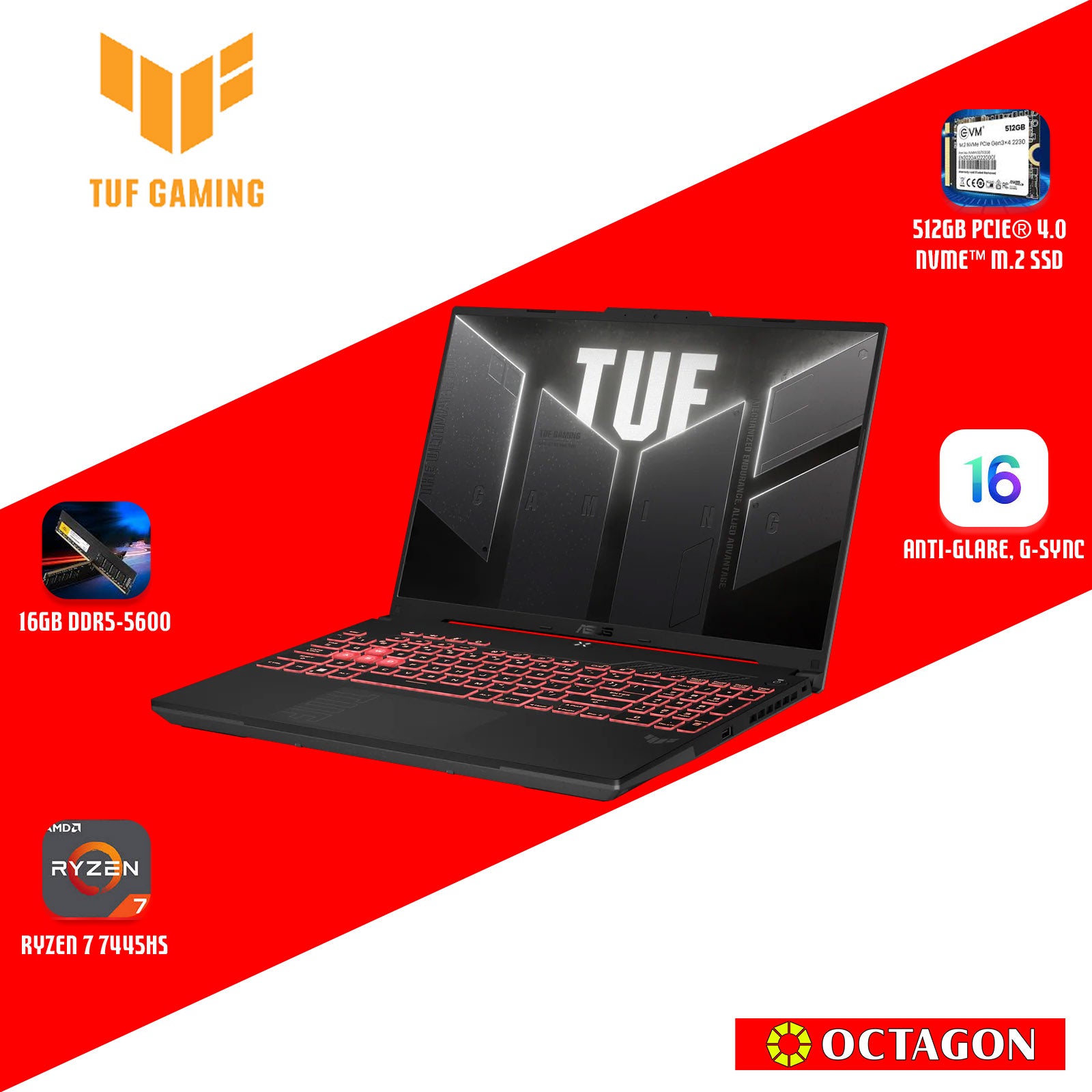 ASUS TUF FA607NUG-RL118WSM/ RYZEN 7 7445HS/ 16GB/ 512GB SSD/ 16 WUXGA 144HZ/ WIN 11/ RTX4050 6GB/ OFFICE H&S 2021 + M365/ GRAY