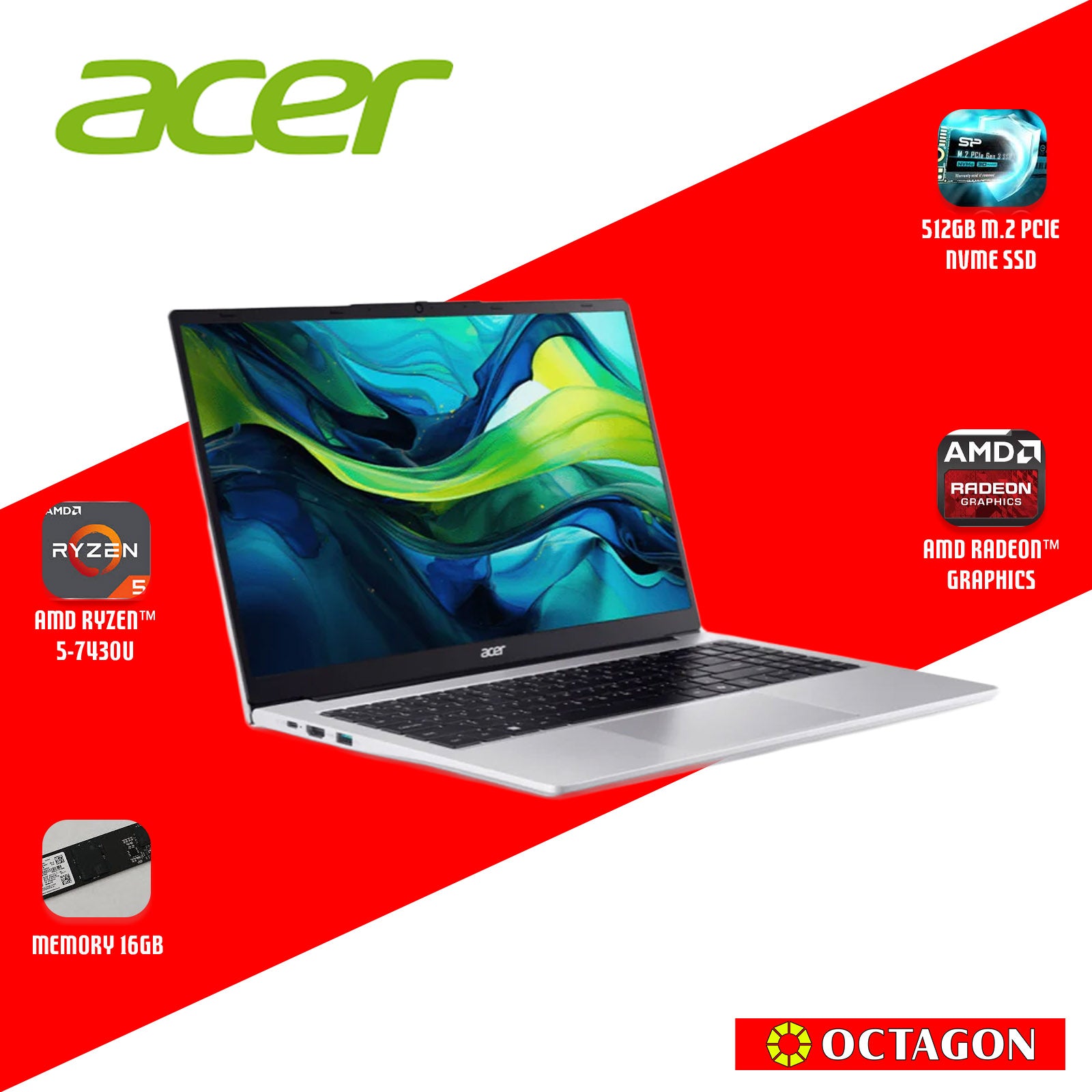 ACER ASPIRE LITE AL15-42P-R9Y9/ RYZEN 5 7430U/ 16GB/ 512GB SSD/ 15.6" IPS FHD/ WIN 11/ OFFICE HOME 2024 + OFFICE 365 1YR/ SILVER