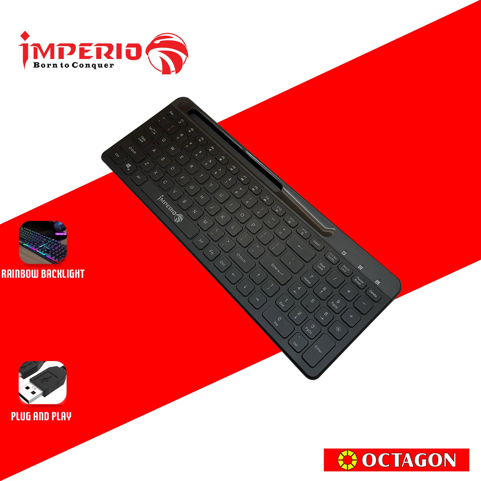 IMPERIO ICC-KB507 RAINBOW BACKLIGHT USB KEYBOARD 100 KEYS W/ MOBILE HOLDER BLACK