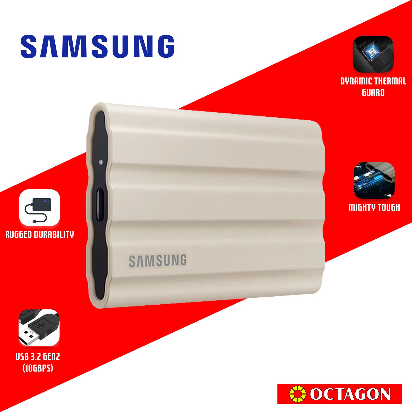 SAMSUNG T7 SHIELD 1TB BEIGE PORTABLE EXTERNAL SOLID STATE DRIVE