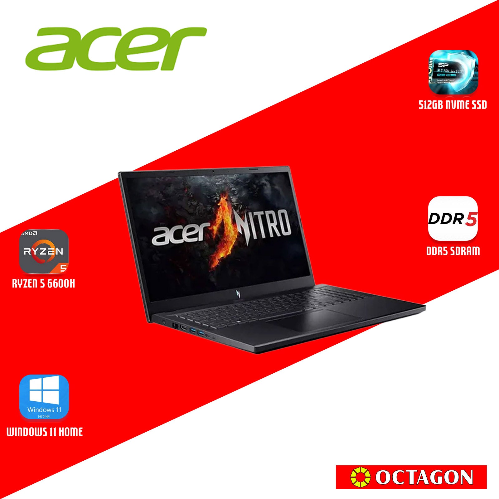 ACER NITRO V ANV15-41-R023/ RYZEN 5 6600H/ 8GB DDR5/ 512GB SSD/ 15.6 FHD IPS 165HZ/ WIN 11/ RTX2050 4GB/ OFFICE HOME 2024