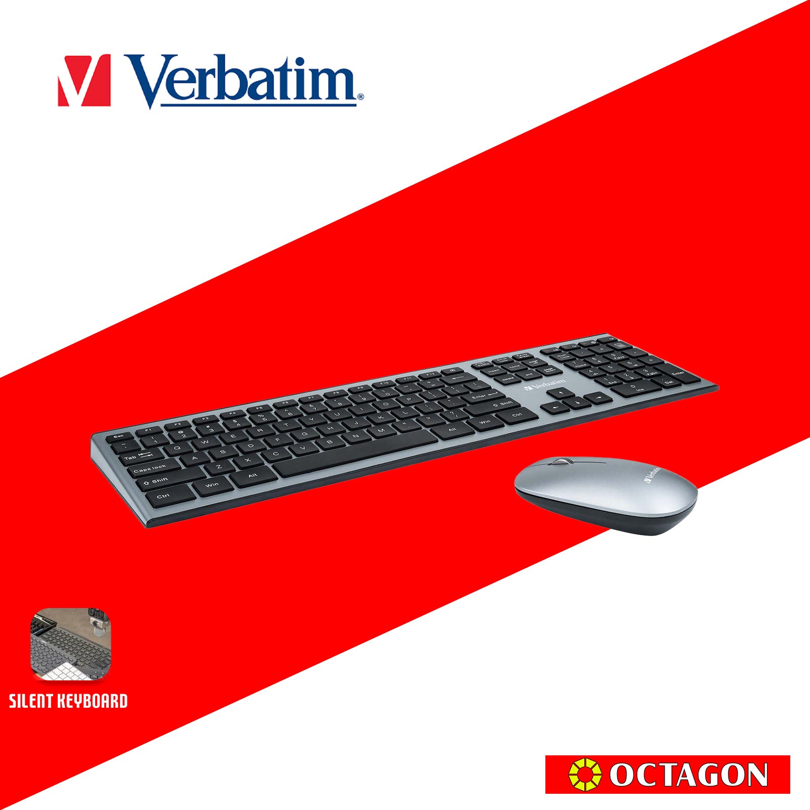 VERBATIM 66751 WIRELESS KEYBOARD & MOUSE COMBO SCISSORS KEYS SILENT (GREY)