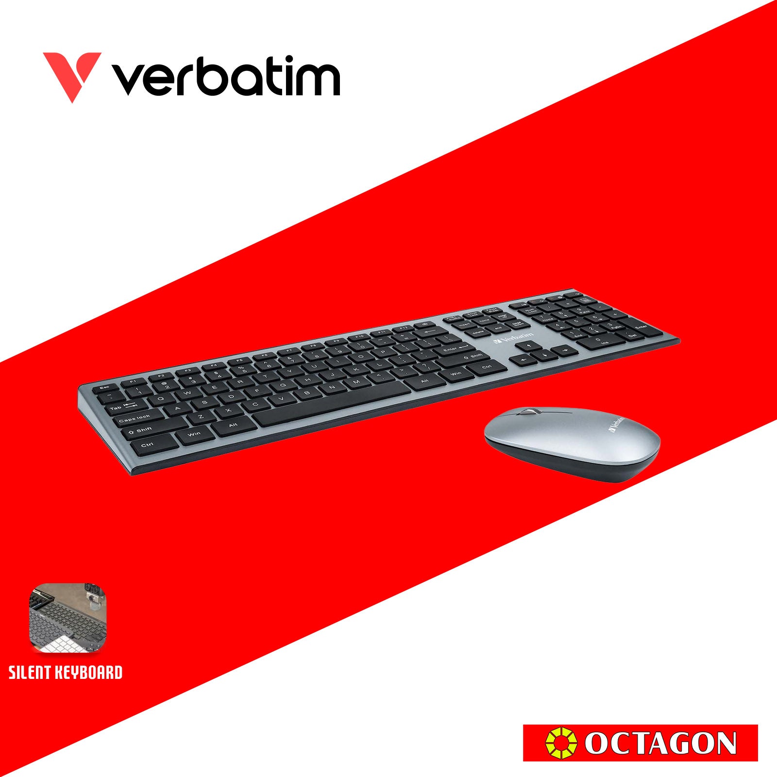 VERBATIM 66751 WIRELESS KEYBOARD & MOUSE COMBO SCISSORS KEYS SILENT (GREY)