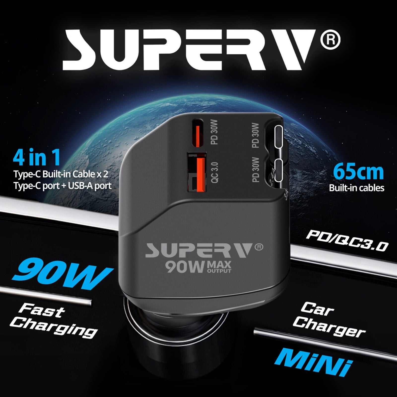 SUPERV G04 BLACK 90W PD 65CM CAR CHARGER