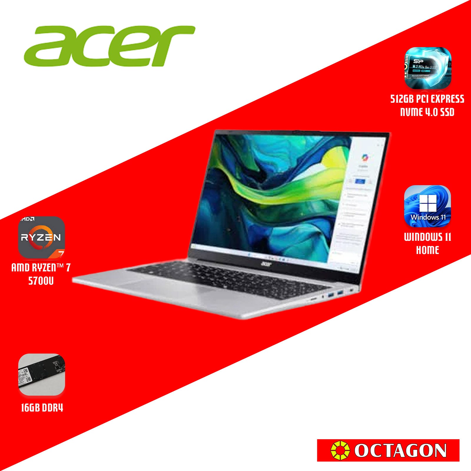 ACER ASPIRE LITE AL15-41P-R51N/ RYZEN 7 5700U/ 16GB/ 512GB SSD/ 15.6" IPS FHD/ WIN 11/ OFFICE HOME 2024 + OFFICE 365 1YR/ SILVER