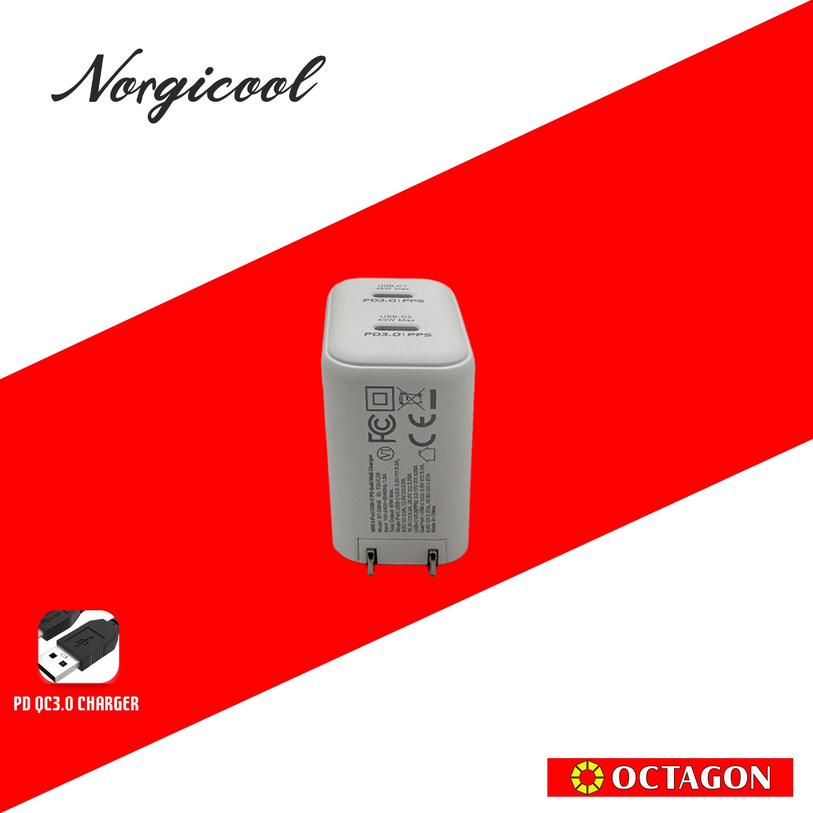 NORGICOOL NA2528C 35W 2-USB-C PD WALL CHARGER WITH C/C CABLE 1M