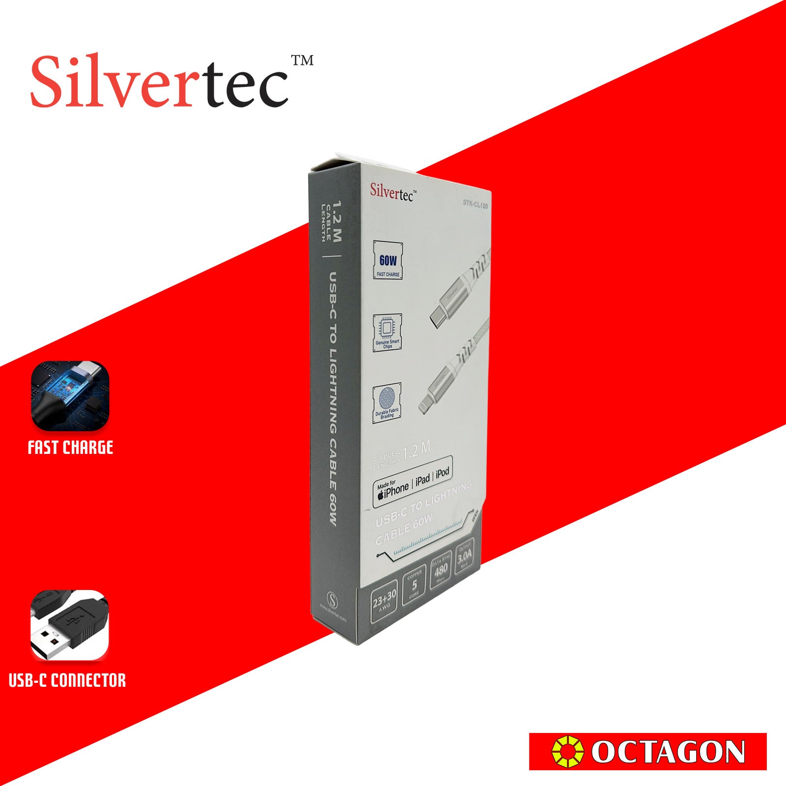 SILVERTEC STK-CL120-WH USB-C 60W TO LIGHTNING CABLE 1.2M WHITE (MFI)