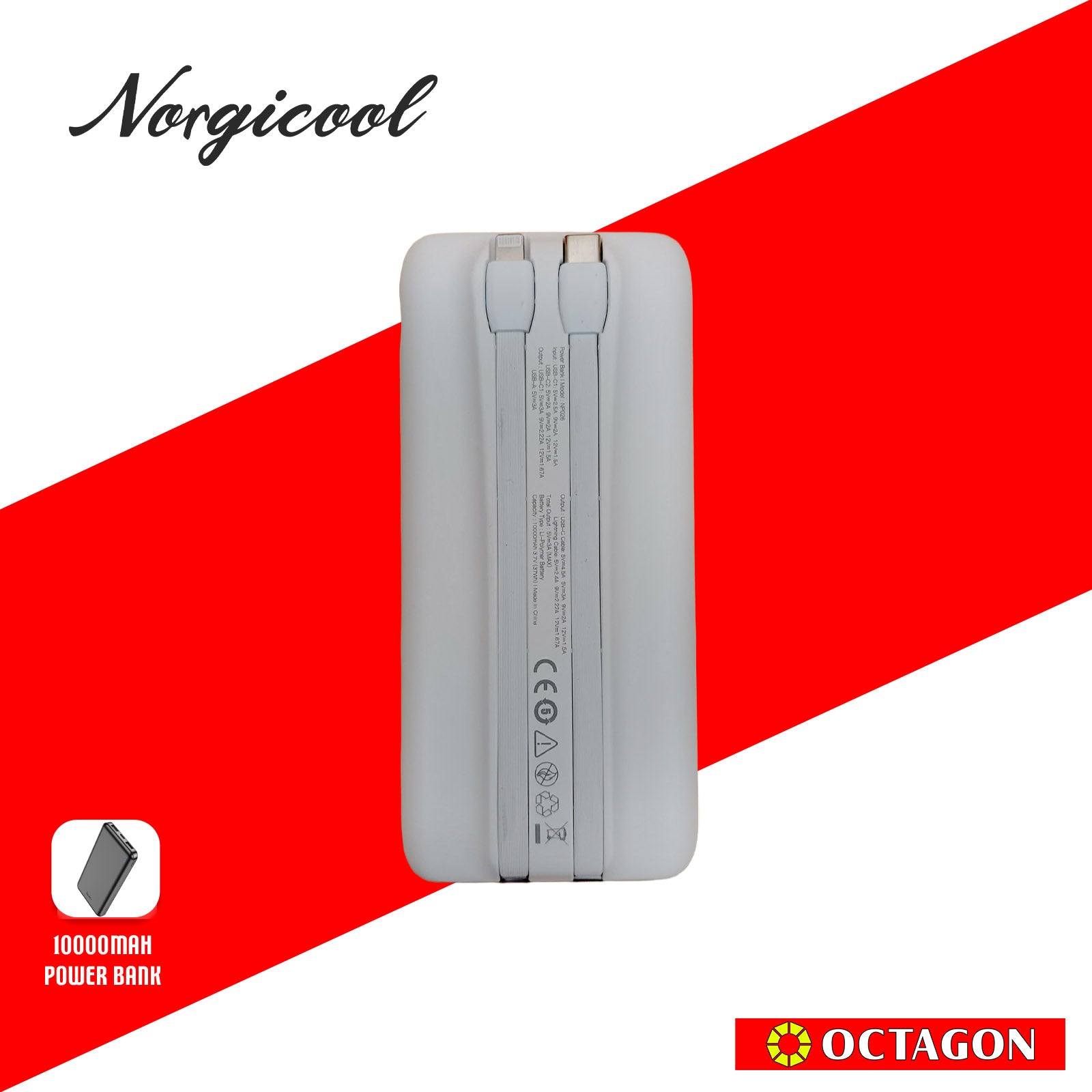 NORGICOOL NP026-WH PD20W 10000MAH W/ TYPE C AND LIGHTNING POWER BANK WHITE