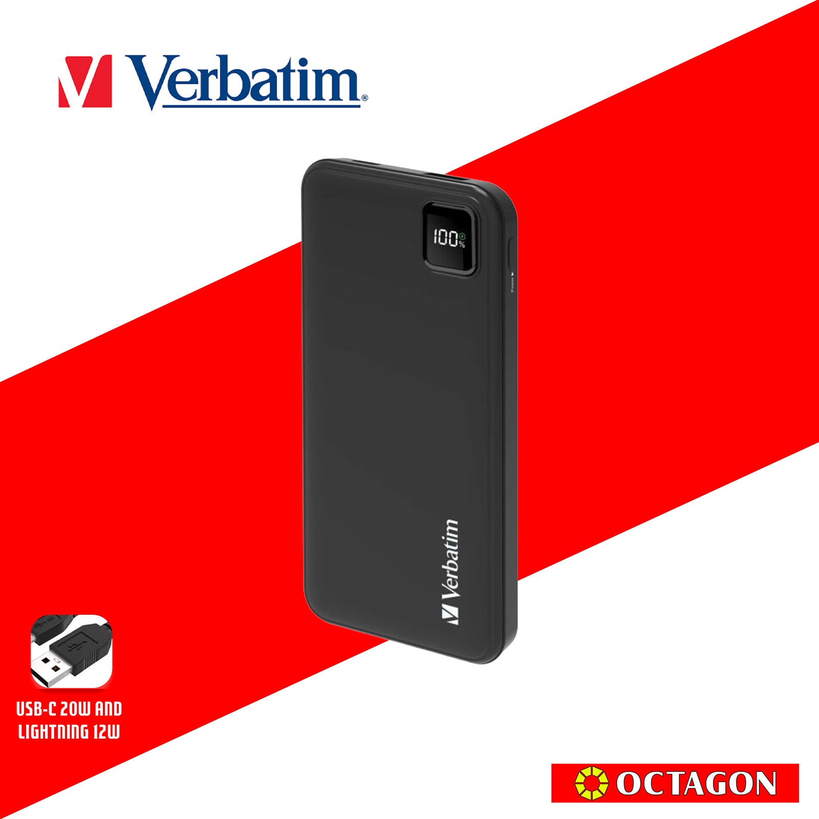 VERBATIM 66972 BLACK CHARGENGO 10K MAH 22.5W POWERBANK W/ BUILT-IN LIGHTNING & TYPE-C CABLE + DIGITAL DISPLAY PD20W / QC3.0 18W / SUPERCHARGE 22.5W