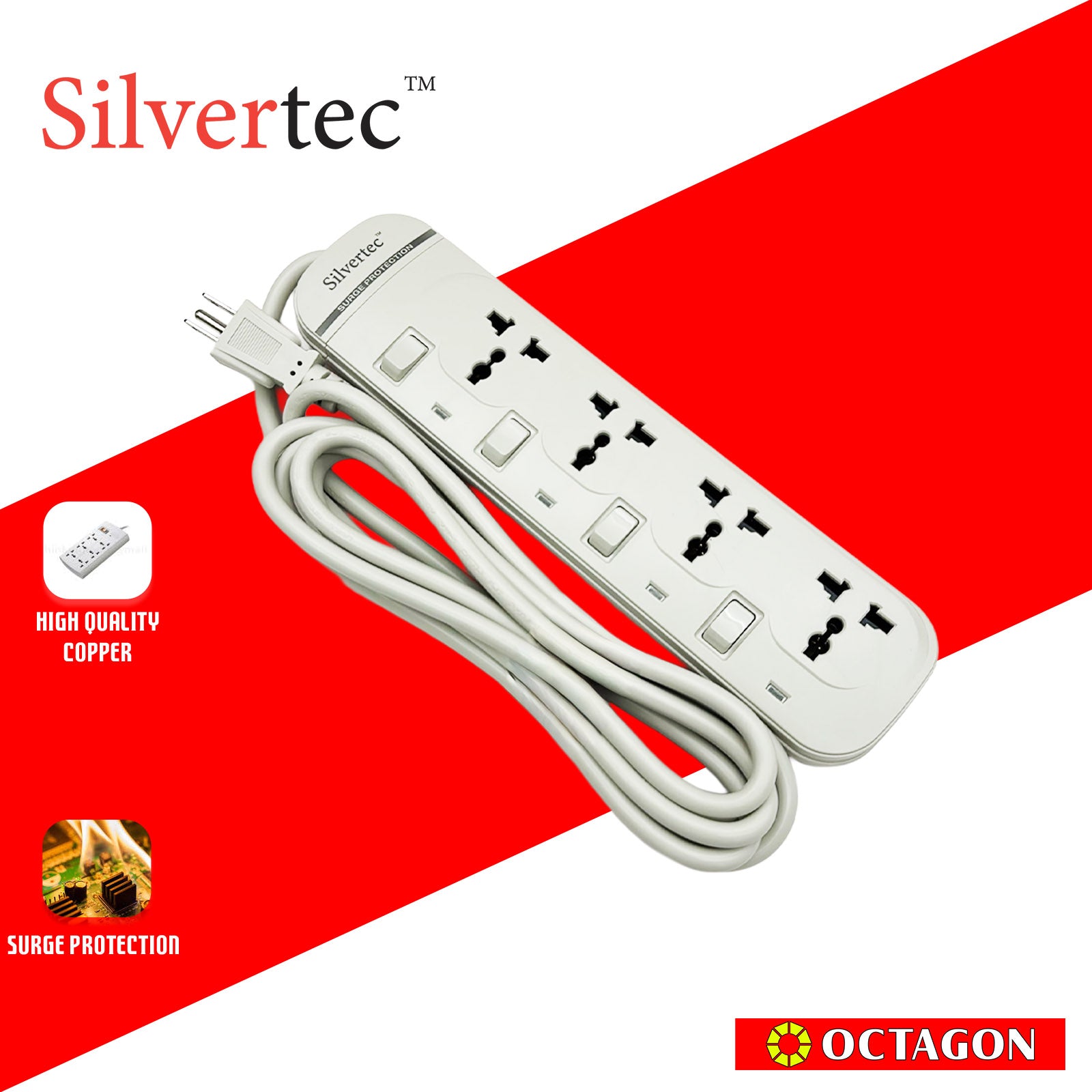 SILVERTEC NEW SV38-3M 4-OUTLET UNIVERSAL PLUG/ 4-SWITCH/ 3M/ 10A/ 2500W/ 250V IVORY POWER STRIP W/ SURGE PROTECTION