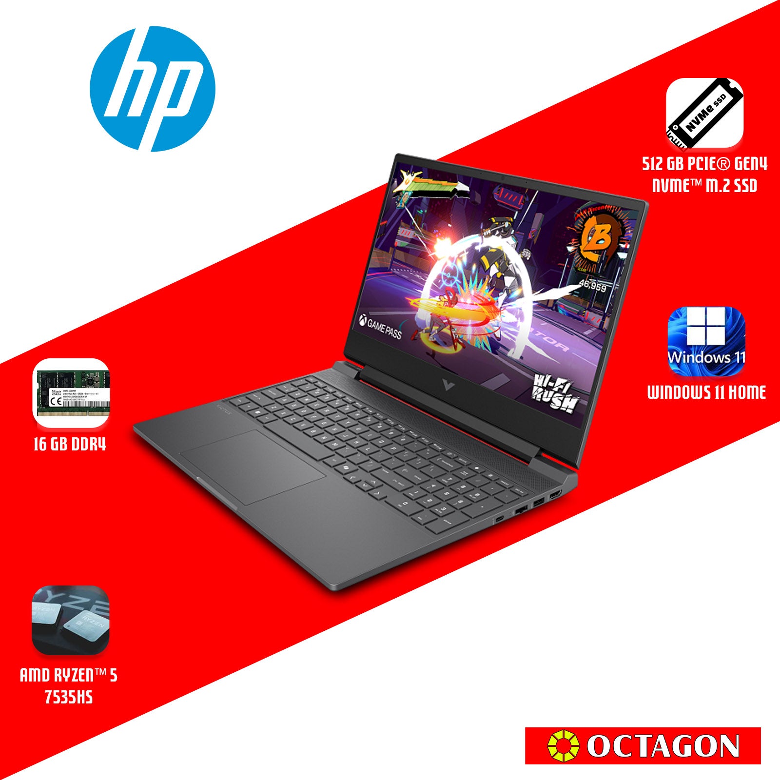 HP VICTUS 15-FB3223AX/ RYZEN 5-7535HS/ 16GB DDR4/ 512GB SSD/ 15.6 FHD IPS 144HZ/ WIN 11/ RTX3050 6GB/ OFFICE H&S 2024 + M365 BASIC/ SLV