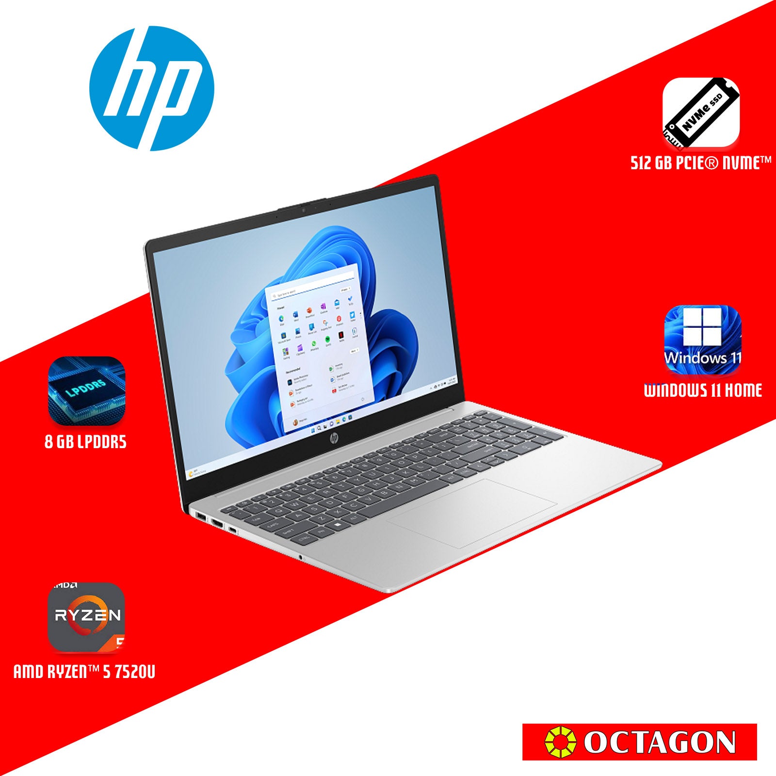 HP 15-FC0254AU/  RYZEN 5-7520U/ 8GB DDR5/ 512GB SSD/ 15.6" FHD/ WIN 11/ OFFICE H&S 2024 + M365/ SLV