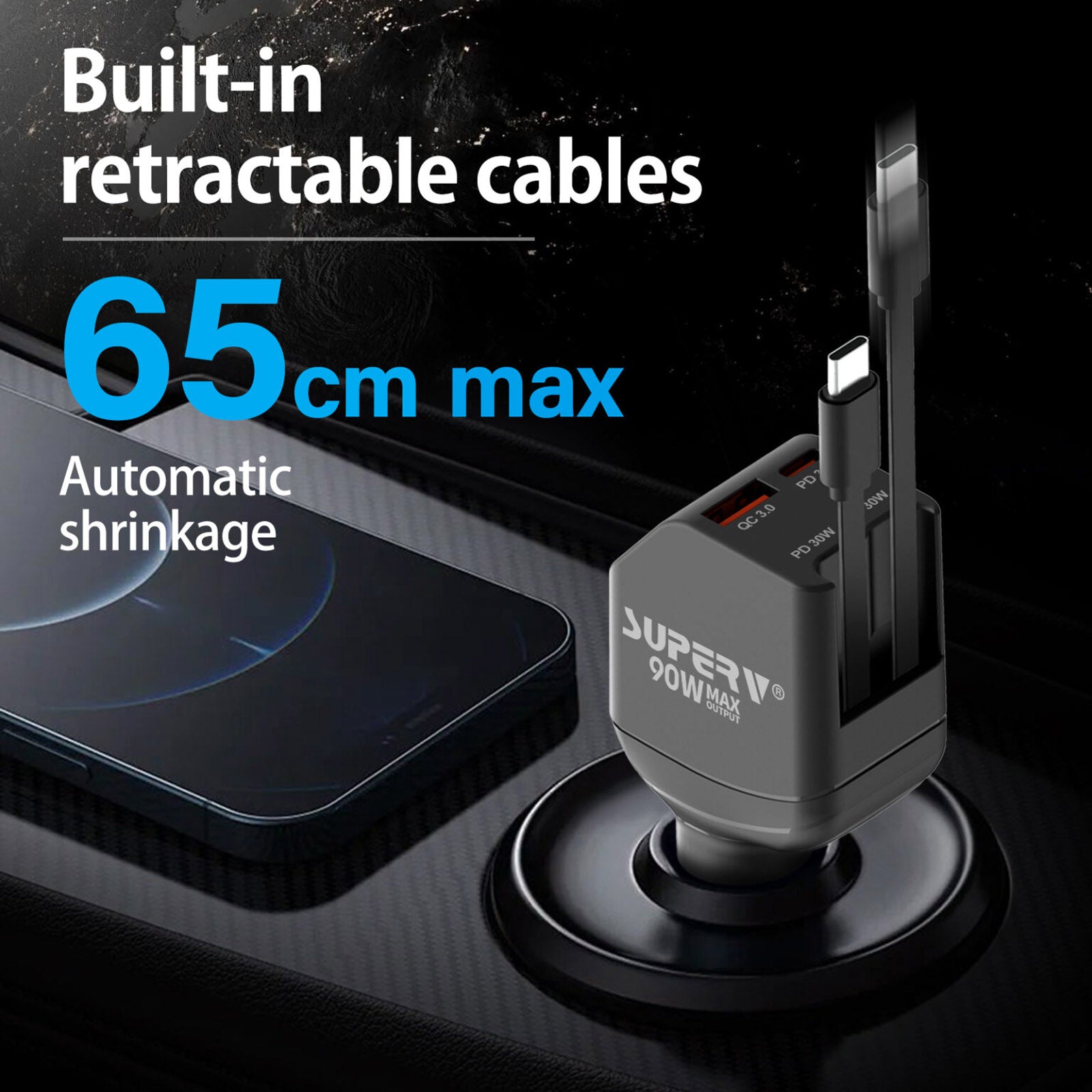SUPERV G04 BLACK 90W PD 65CM CAR CHARGER
