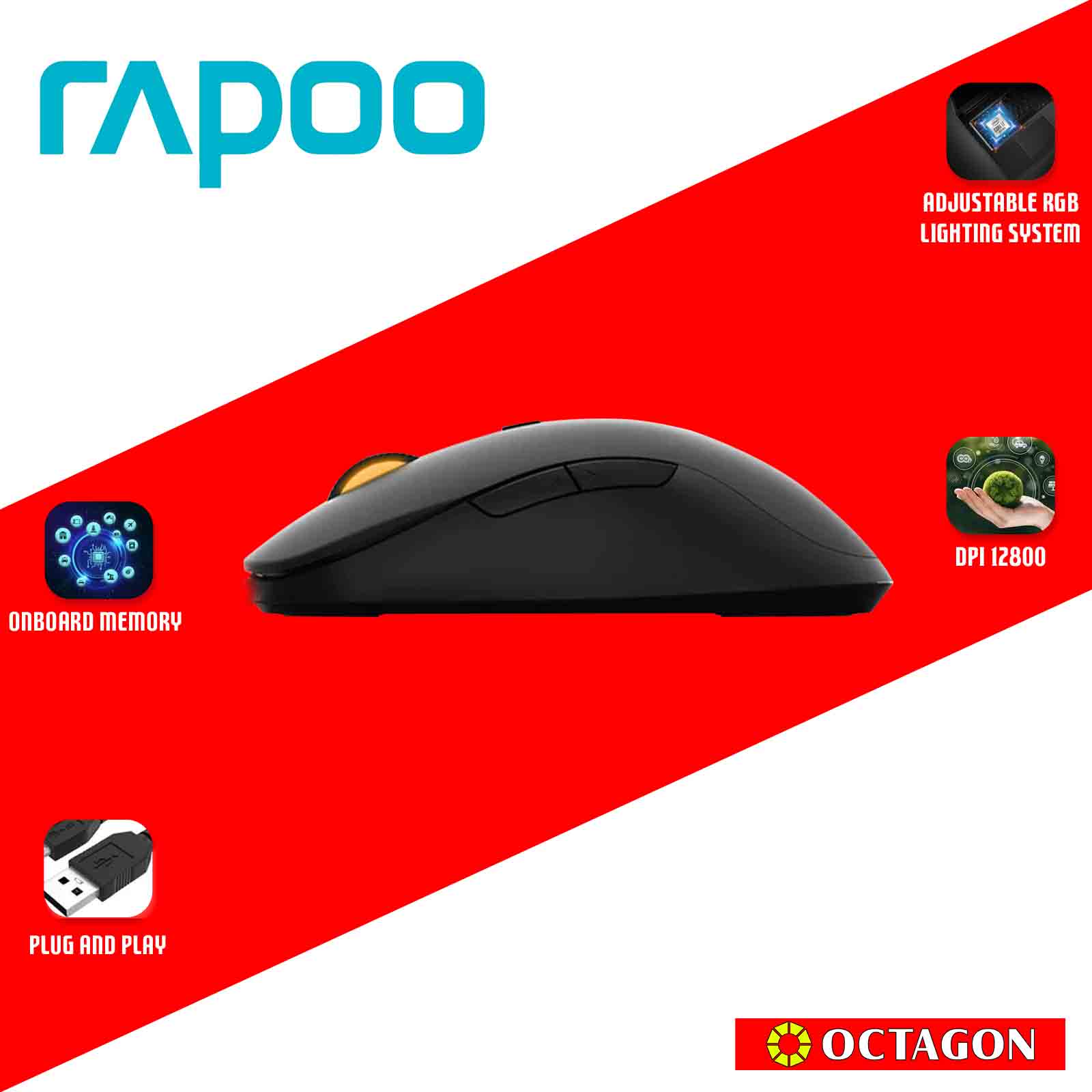 RAPOO V16 BLACK WIRED RGB OPTICAL GAMING MOUSE