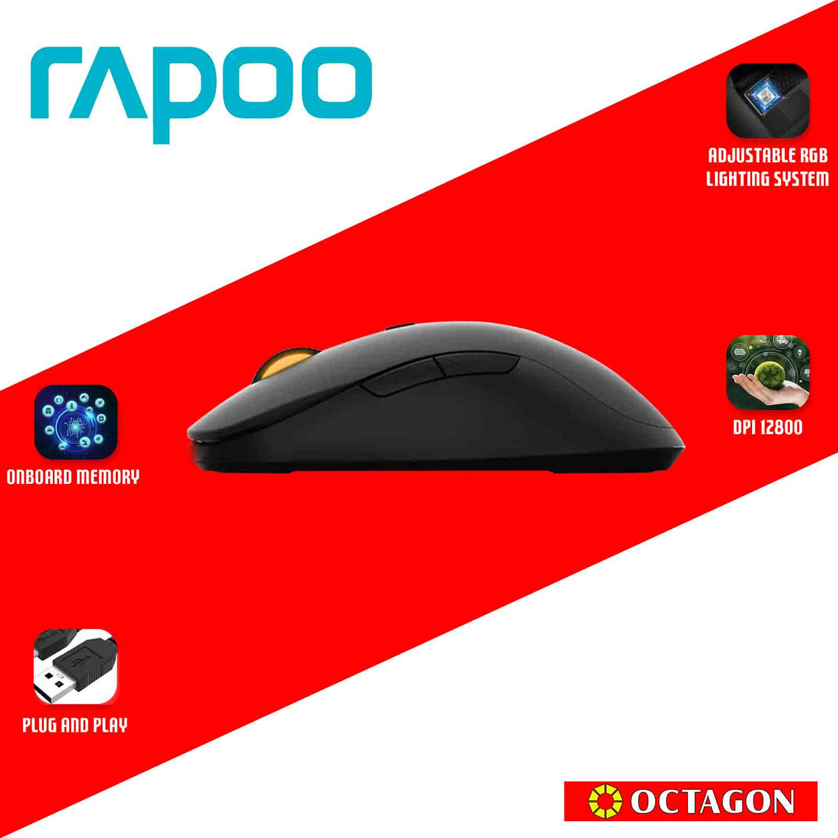 RAPOO V16 BLACK WIRED RGB OPTICAL GAMING MOUSE
