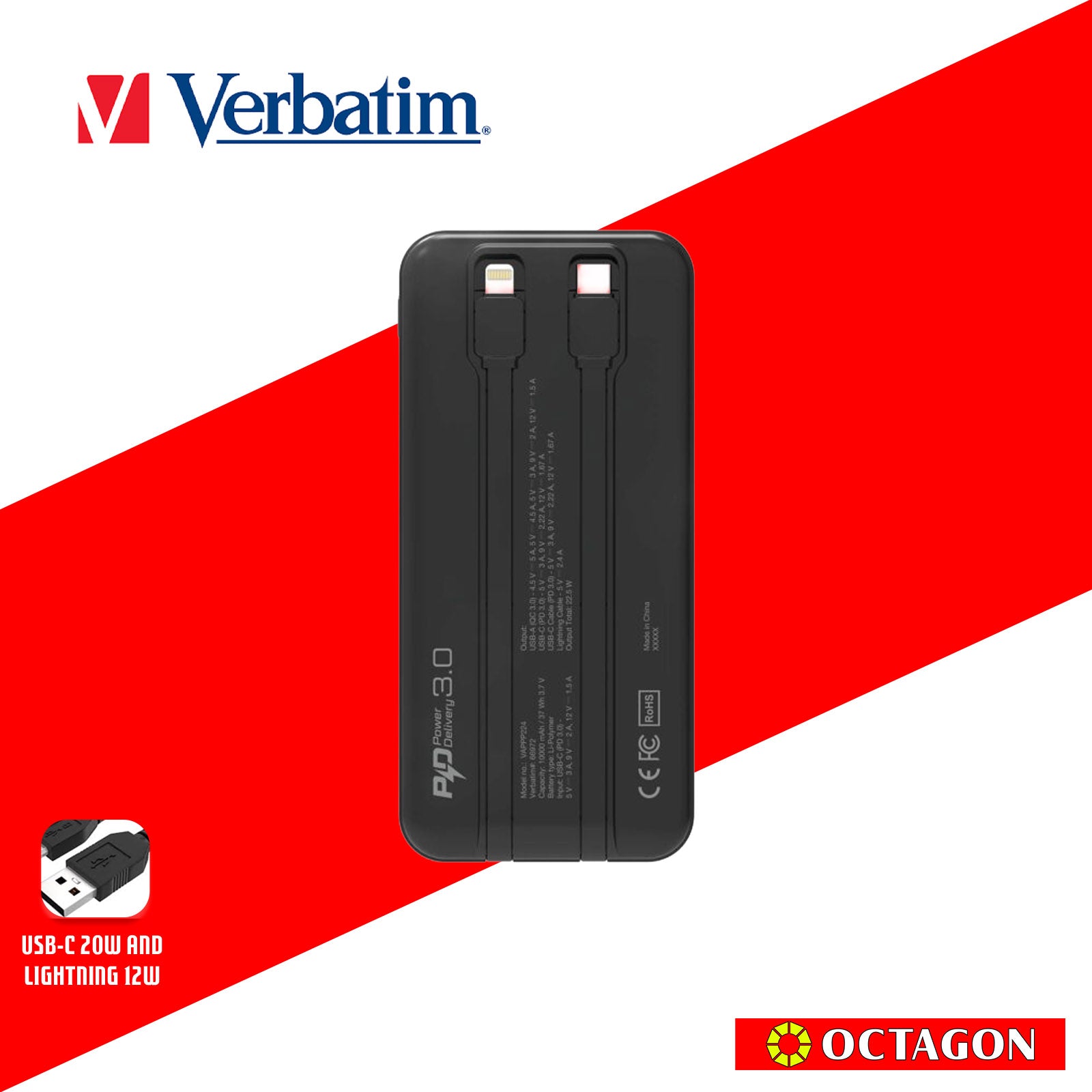 VERBATIM 66972 BLACK CHARGENGO 10K MAH 22.5W POWERBANK W/ BUILT-IN LIGHTNING & TYPE-C CABLE + DIGITAL DISPLAY PD20W / QC3.0 18W / SUPERCHARGE 22.5W