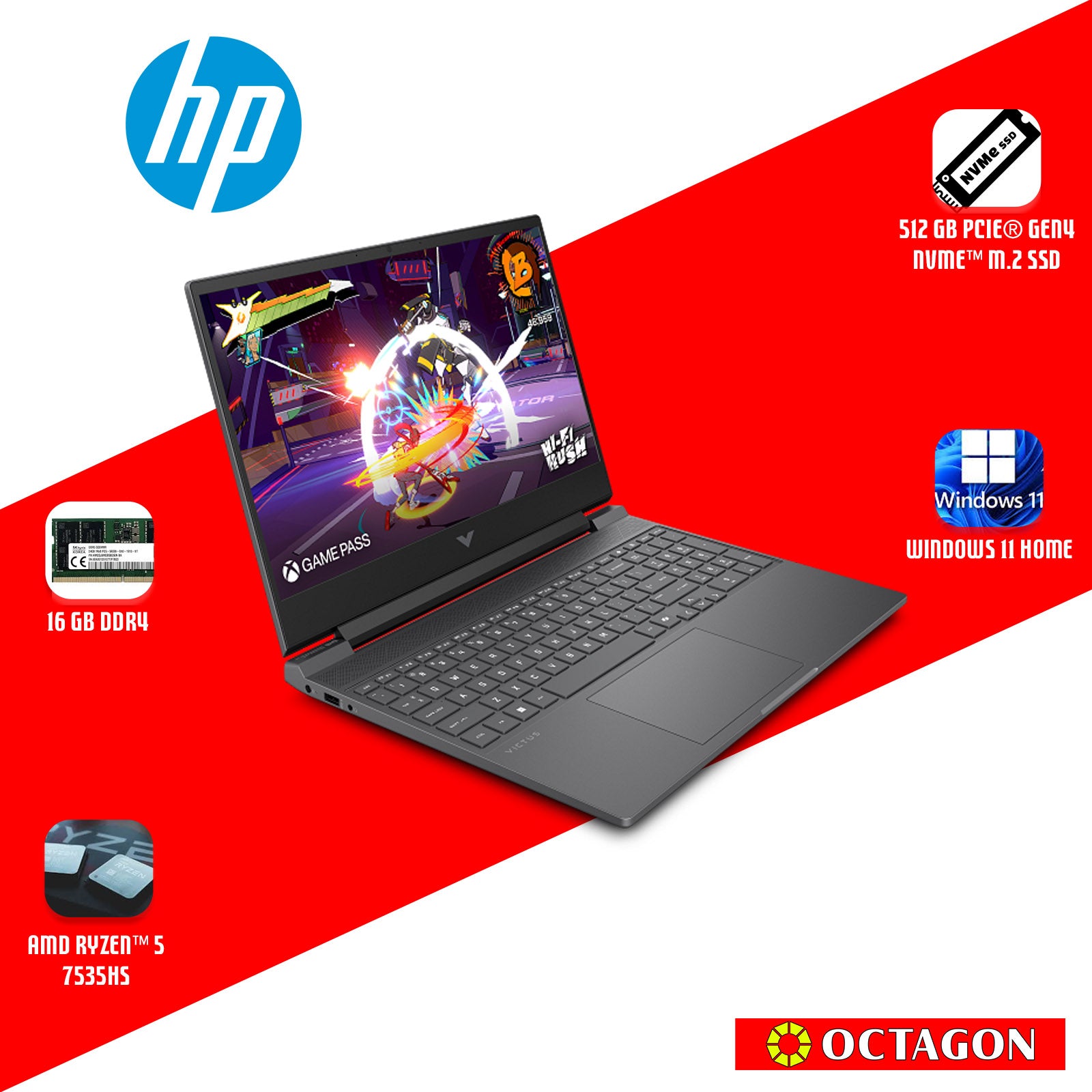 HP VICTUS 15-FB3223AX/ RYZEN 5-7535HS/ 16GB DDR4/ 512GB SSD/ 15.6 FHD IPS 144HZ/ WIN 11/ RTX3050 6GB/ OFFICE H&S 2024 + M365 BASIC/ SLV