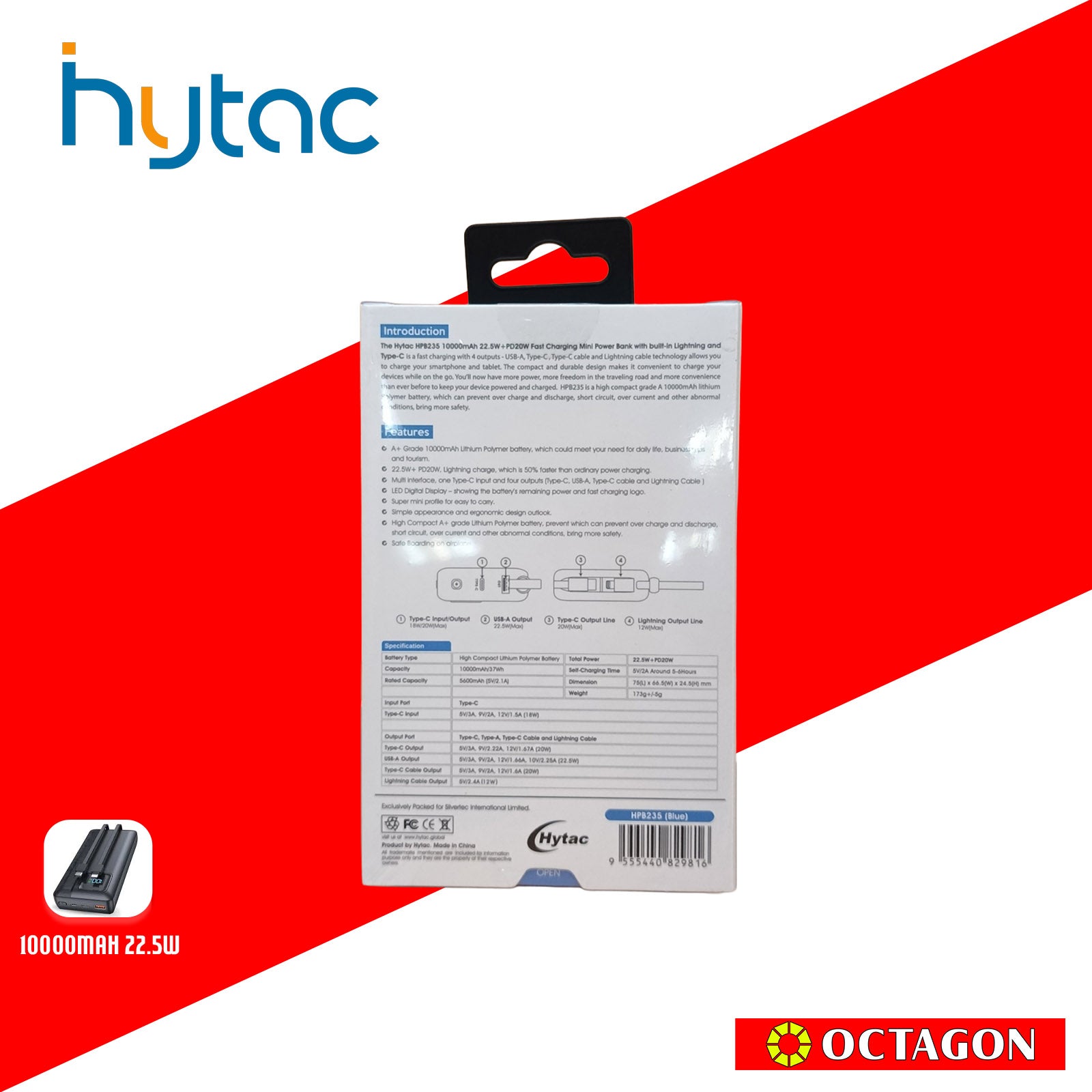 HYTAC HPB235 BLUE PD 22.5W MINI POWER BANK 10000MAH W/ LIGHTNING & TYPE C CABLE