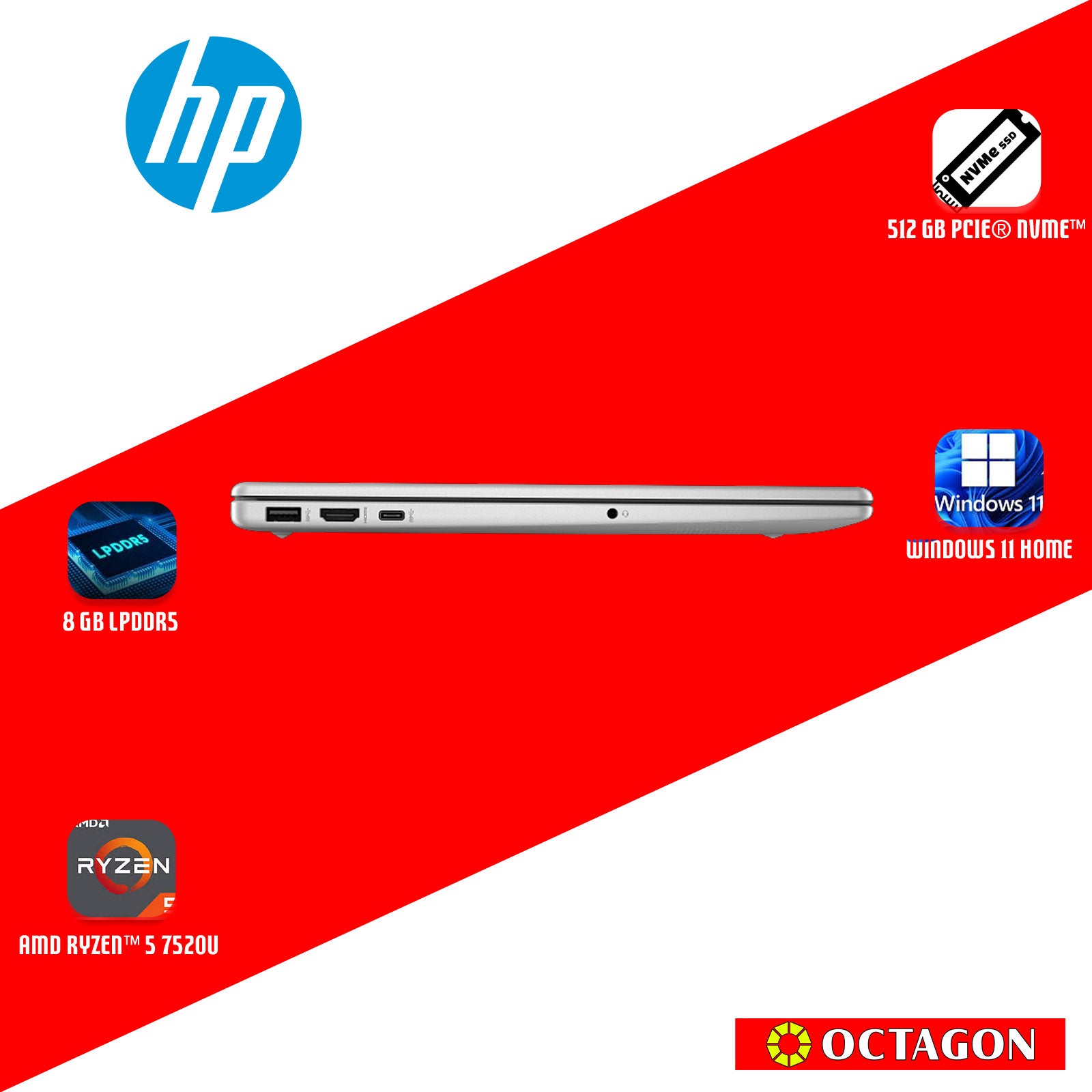 HP 15-FC0254AU/  RYZEN 5-7520U/ 8GB DDR5/ 512GB SSD/ 15.6" FHD/ WIN 11/ OFFICE H&S 2024 + M365/ SLV