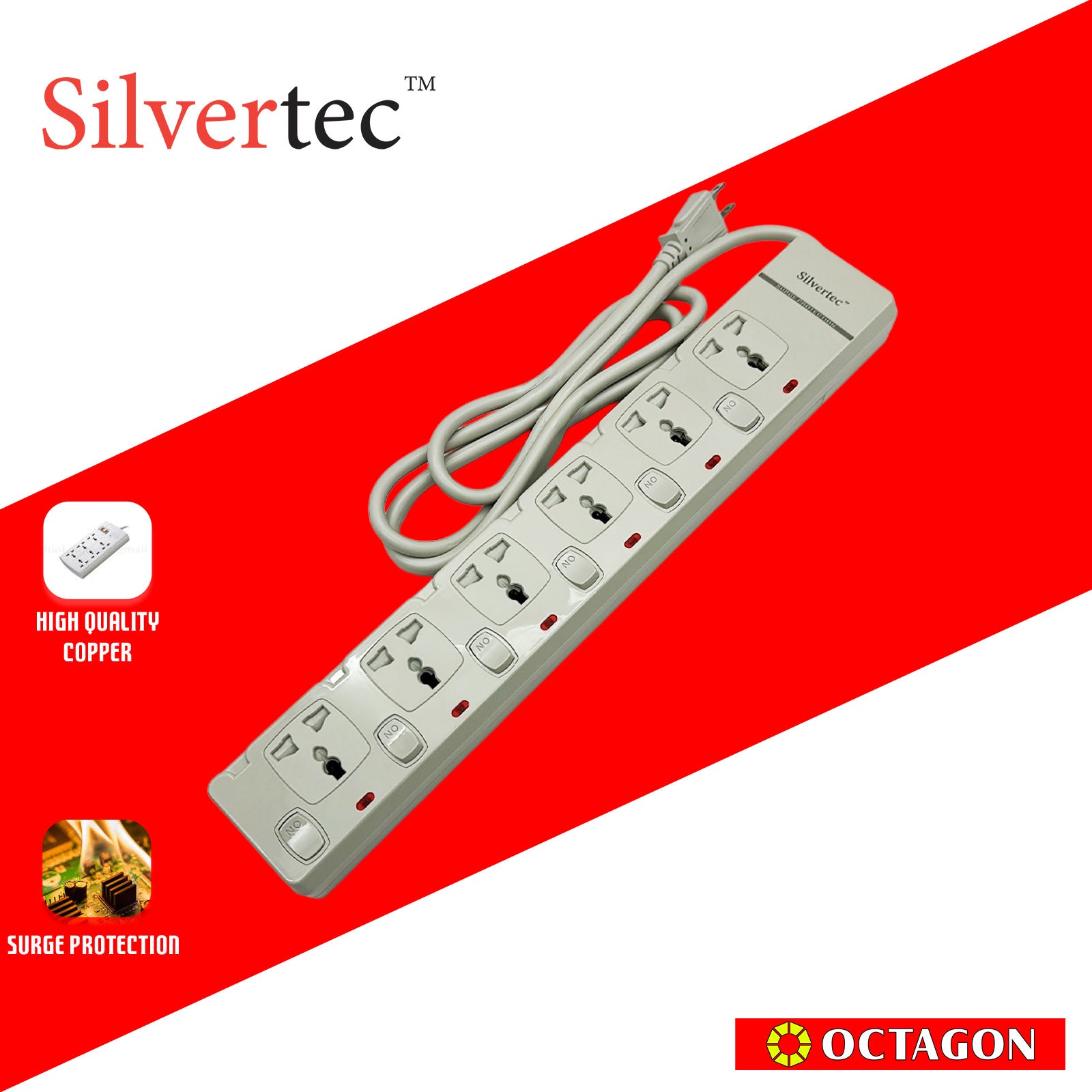 SILVERTEC NEW SV30-1.8M 6-OUTLET UNIVERSAL PLUG/ 6-SWITCH/ 1.8M/ 10A/ 2500W/ 250V IVORY POWER STRIP W/ SURGE PROTECTION