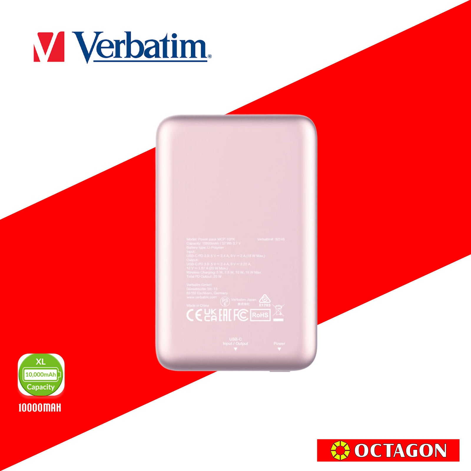 VERBATIM 32248 MAGNETIC WL 10000 MAH POWER PACK MCP - PD 20W MWC 15W PINK