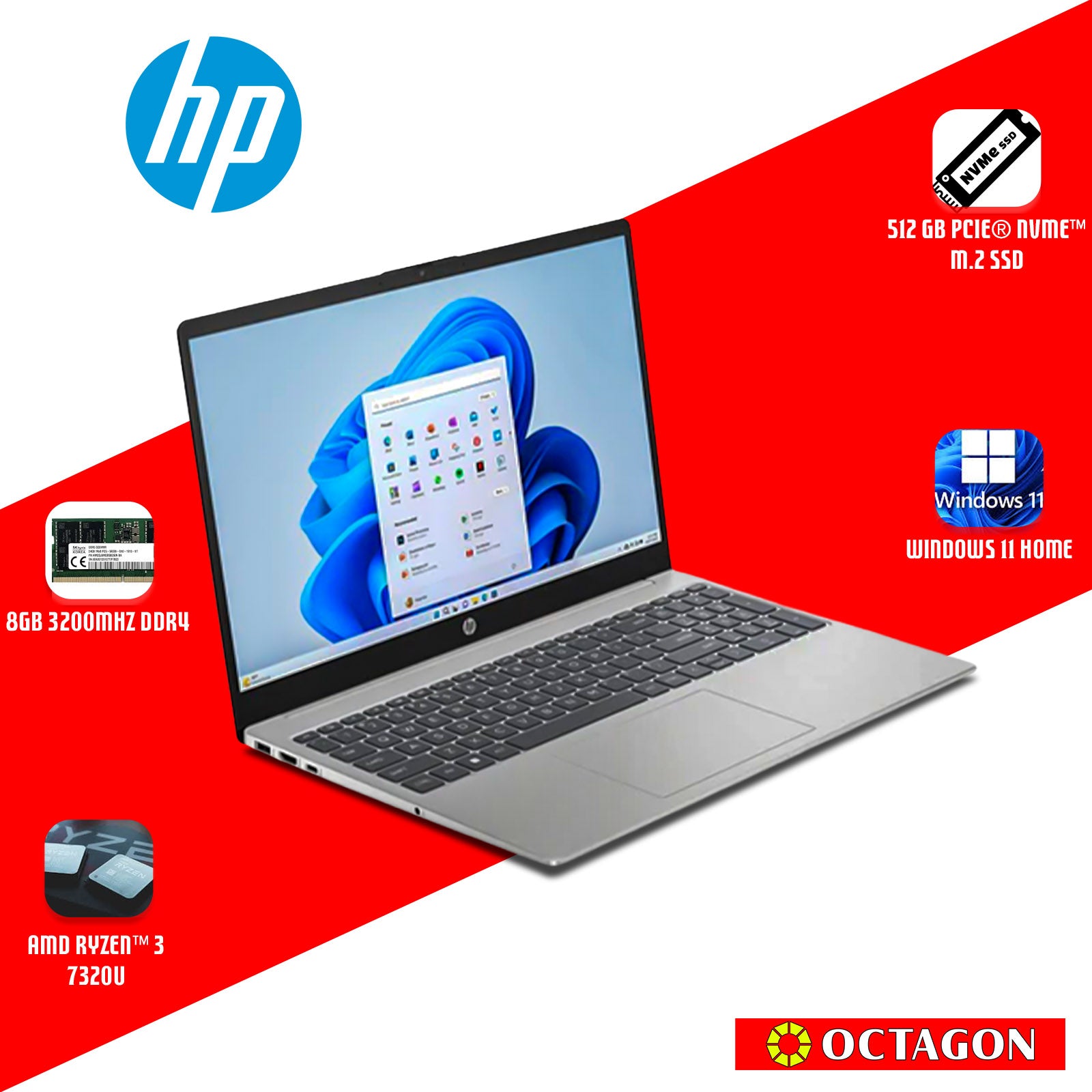 HP 15-FC0756AU/ RYZEN 3-7320U/ 8GB DDR5/ 512GB SSD/ 15.6 FHD/ WIN 11/ OFFICE H&S 2024 + M365