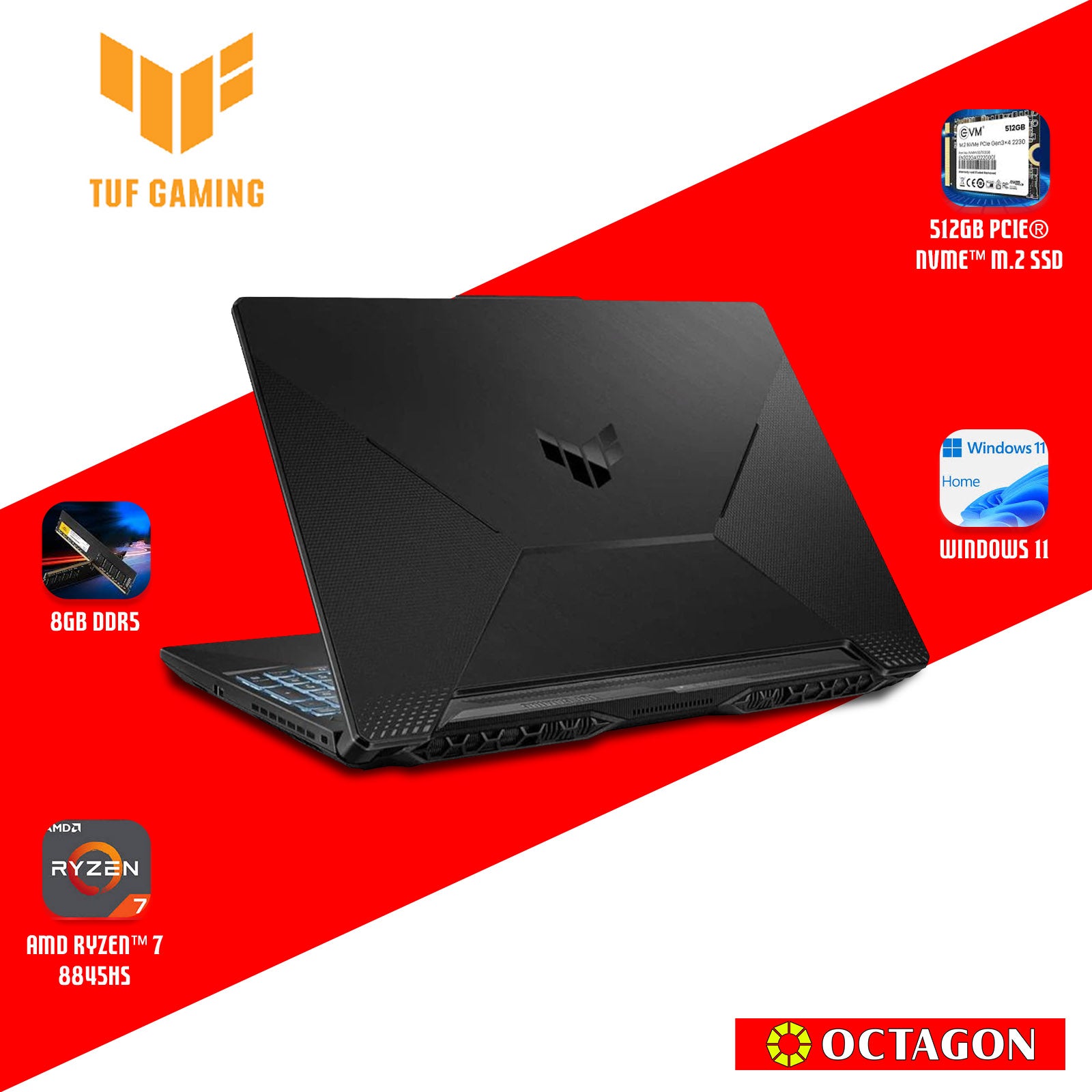ASUS TUF FA506NCG-HN349WSM/ RYZEN 7-8845HS/ 8GB/ 512GB SSD/ 15.6 FHD 144HZ/ WIN 11/ RTX3050 4GB/ OFFICE H&S + O365
