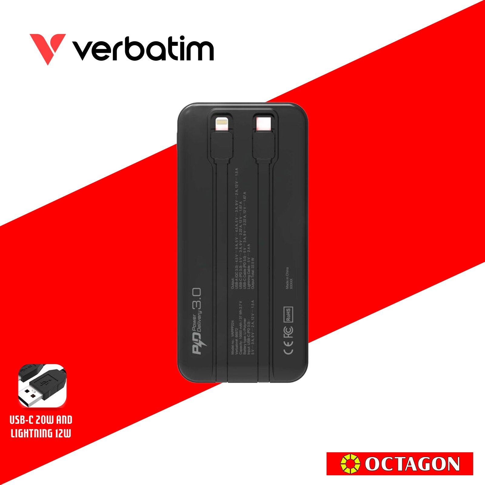 VERBATIM 66972 BLACK CHARGENGO 10K MAH 22.5W POWERBANK W/ BUILT-IN LIGHTNING & TYPE-C CABLE + DIGITAL DISPLAY PD20W / QC3.0 18W / SUPERCHARGE 22.5W