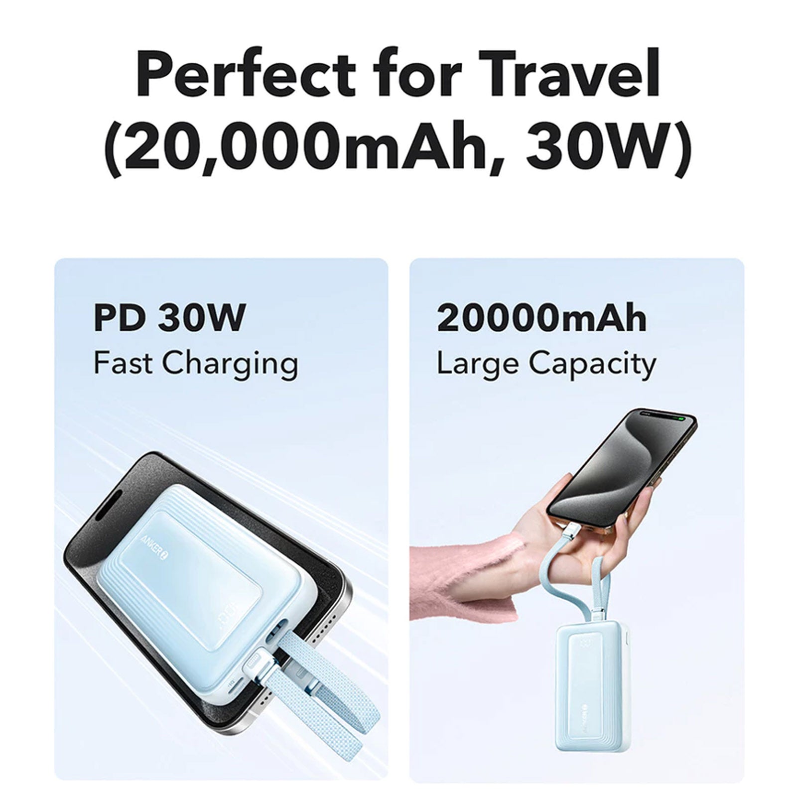 ANKER ZOLO A1680H21 WHITE 10K POWERBANK 30W BUILT-IN USB-C CABLE + LIGHTNING CABLE