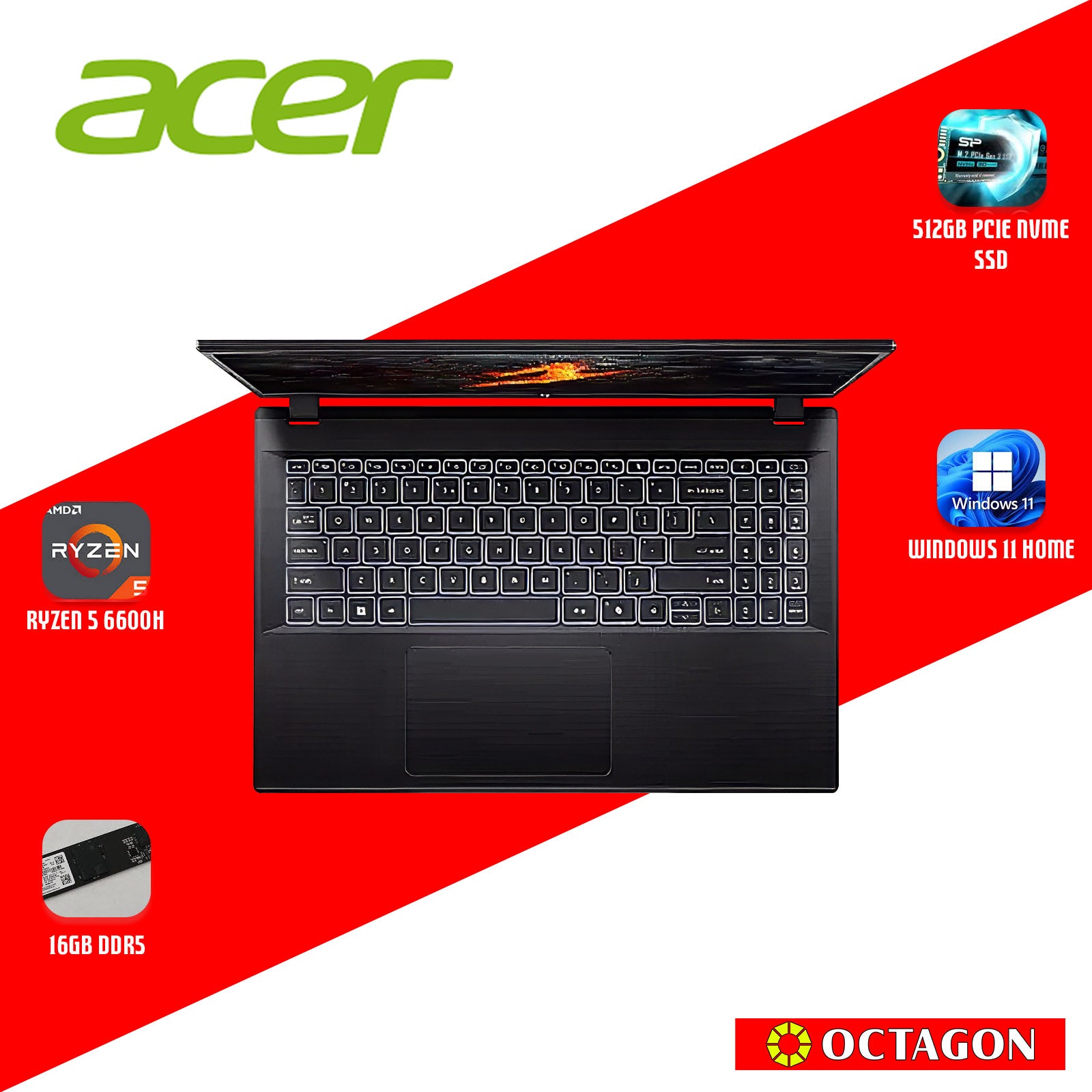 ACER NITRO V ANV15-41-R9D6/ RYZEN 5 6600H/ 16GB DDR5/ 512GB SSD/ 15.6 FHD IPS 165HZ/ WIN 11/ RTX4050 6GB/ OFFICE HOME 2024 + OFFICE 365 1YR/ BLK
