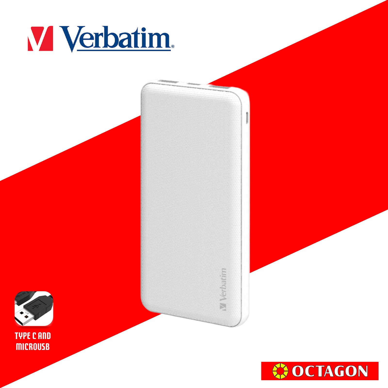 VERBATIM 66548 GRID PATTERN POWER BANK DUAL 10000 MAH INPUT/OUTPUT (TYPE-C AND MICRO USB POWER INPUT) WHITE