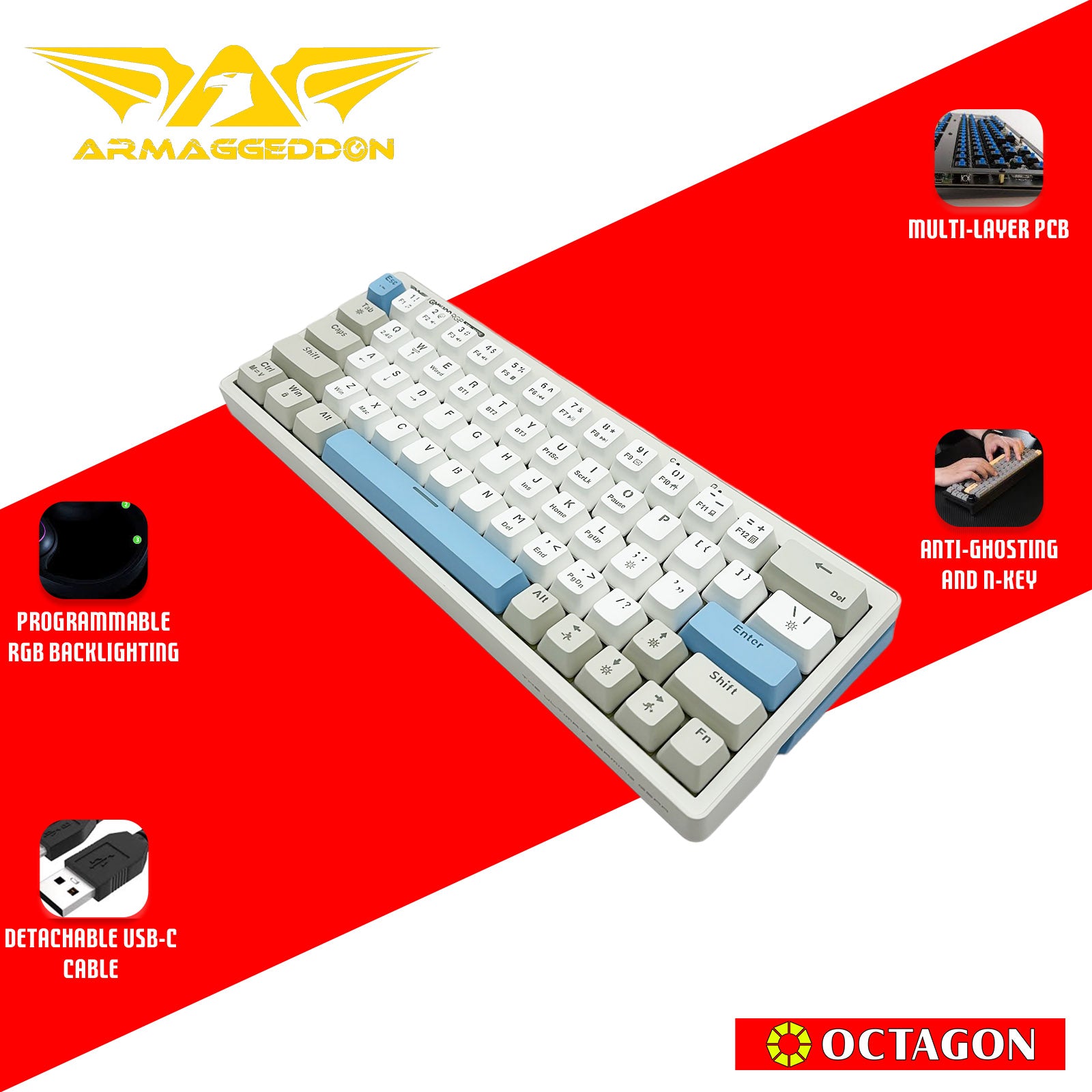 ARMAGGEDDON GMK-100  RGB TRIPLE MODE HOT SWAP MECH GAMING KEYBOARDS / 63 KEYS