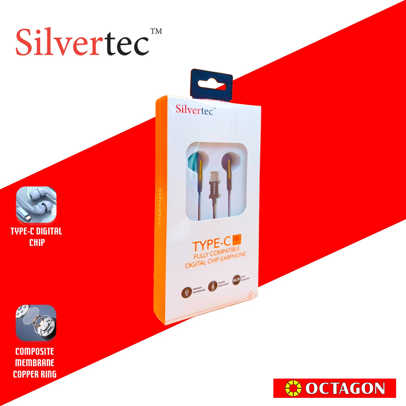 SILVERTEC VIPC-BK/WH TYPE-C EARPHONE DIGITAL CHIP W/ MIC & VOLUME CONTROLLER