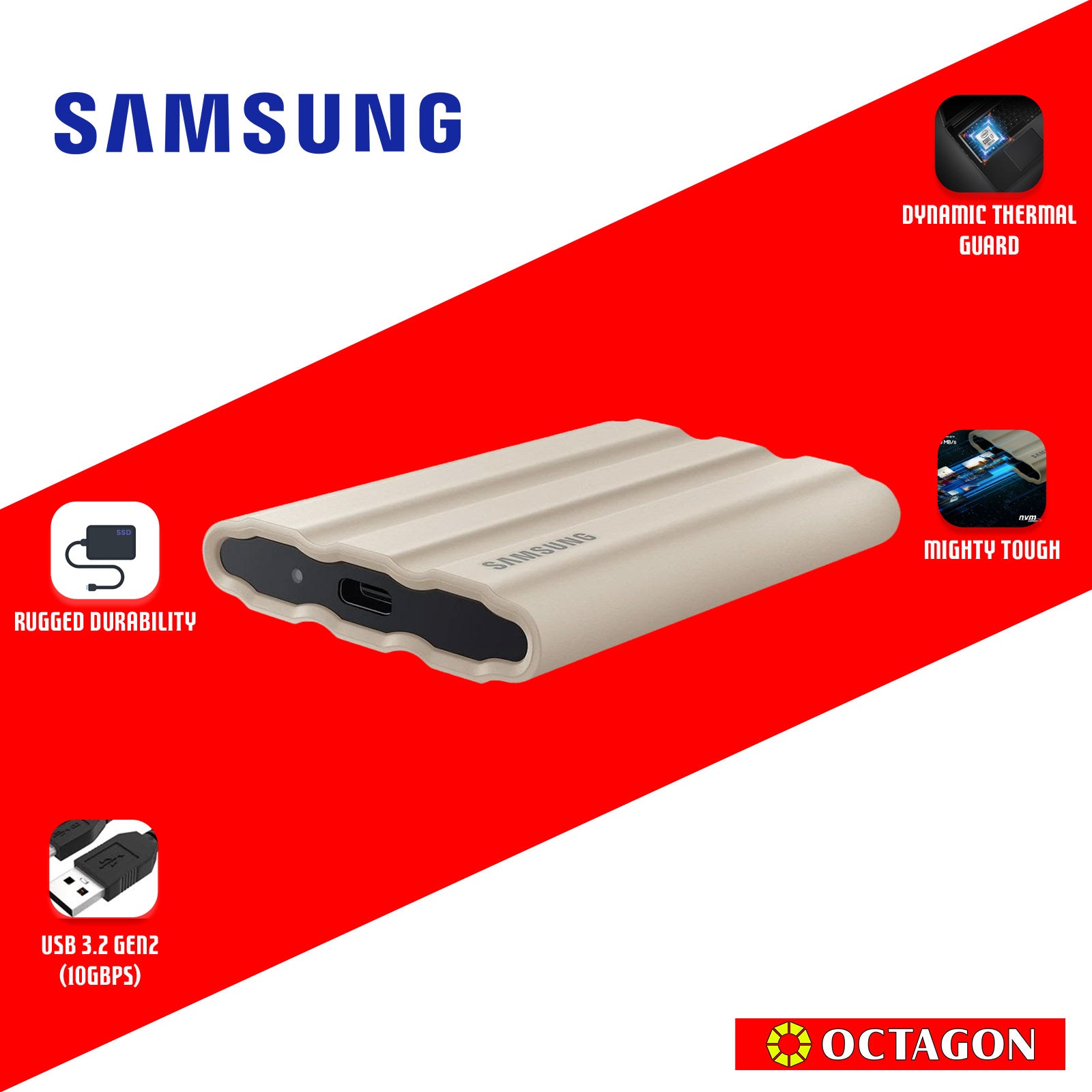 SAMSUNG T7 SHIELD 1TB BEIGE PORTABLE EXTERNAL SOLID STATE DRIVE