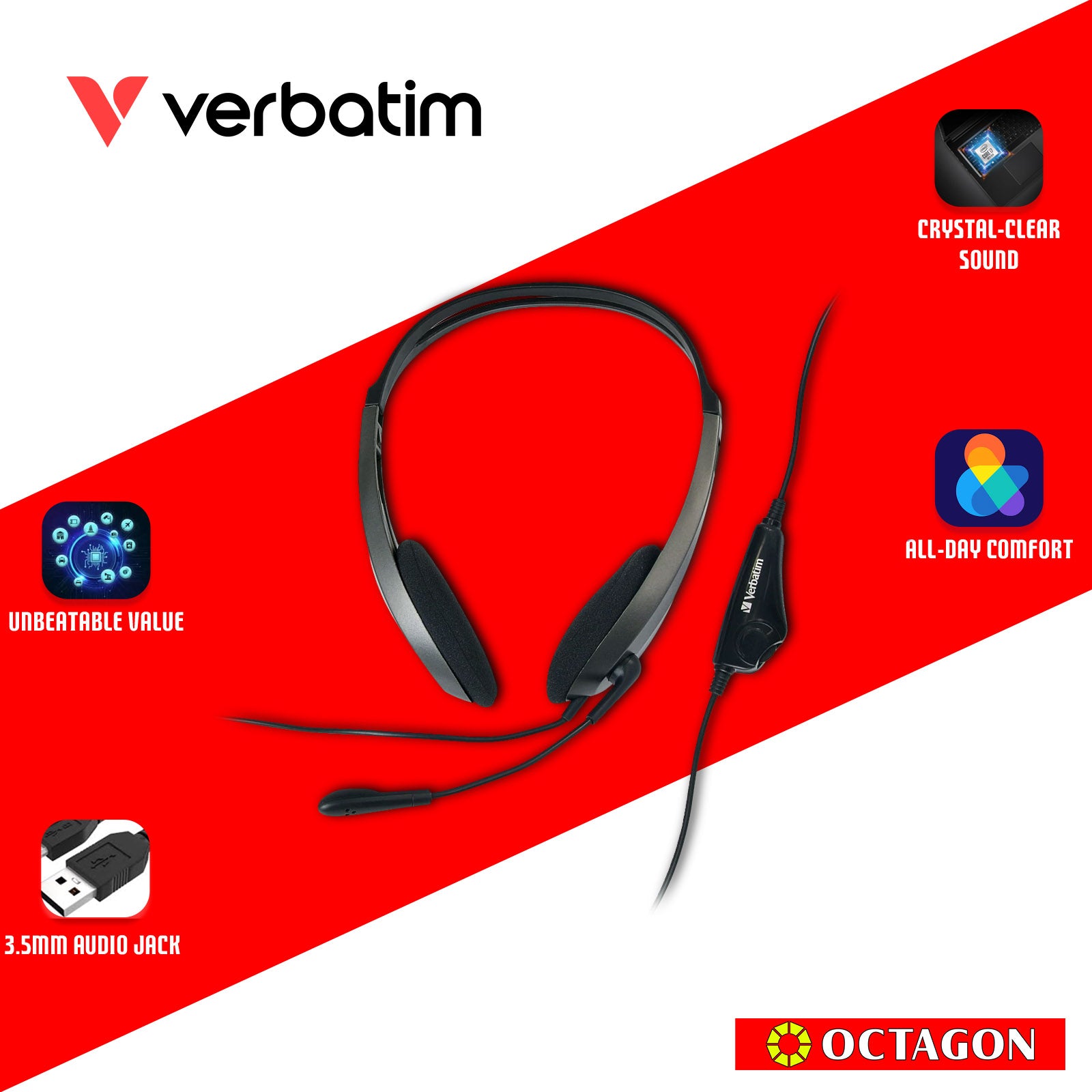 VERBATIM 41646 URBAN HEADGEAR MULTIMEDIA 4 PIN JACK HEADSET WITH MIC & VOLUME CONTROL BLACK