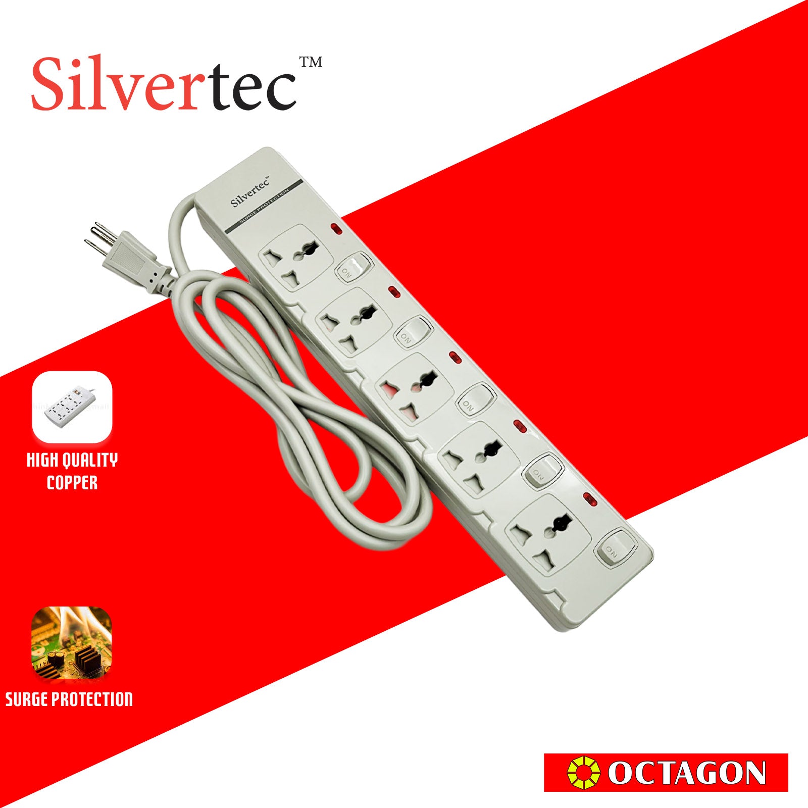 SILVERTEC NEW SV29-1.8M 5-OUTLET UNIVERSAL PLUG/ 5-SWITCH/ 1.8M/ 10A/ 2500W/ 250V IVORY POWER STRIP W/ SURGE PROTECTION