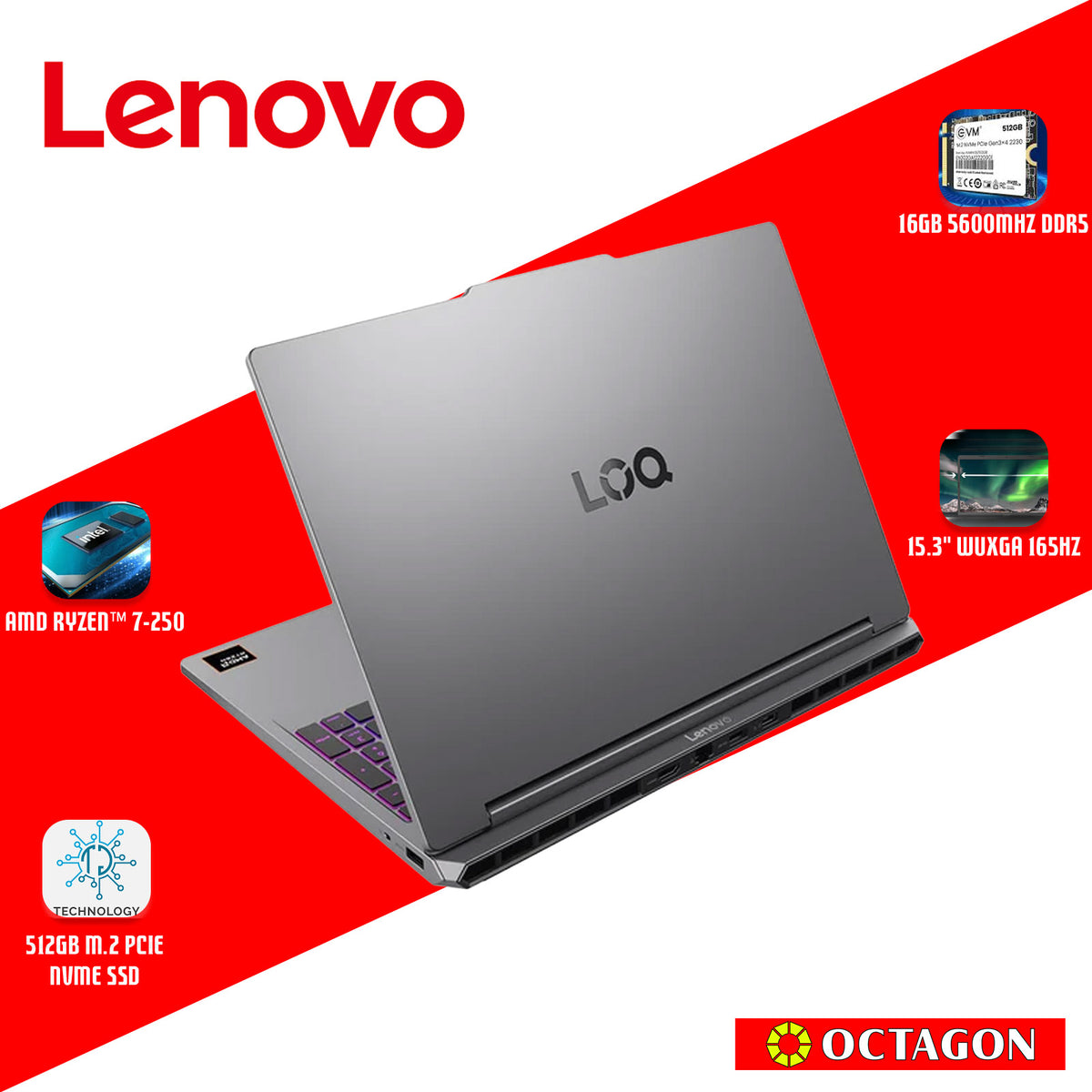 LENOVO LOQ-15 (83TN0016PH)/ RYZEN 7 250/ 16GB/ 512GB SSD/ 15.3 WUXGA (165HZ)/ WIN 11/ OFFICE HOME 2024/ RTX 5050 8GB
